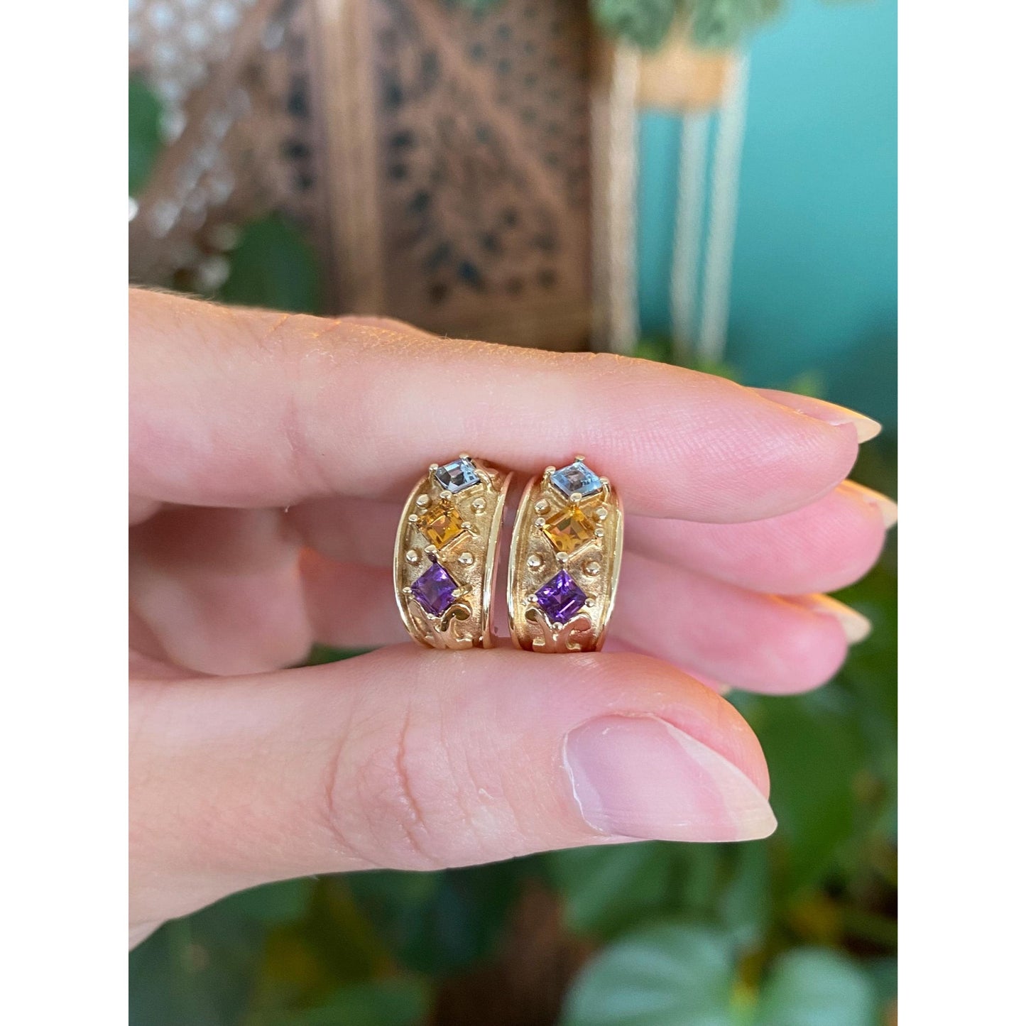 Vintage Solid 10k Yellow Gold Topaz Citrine Amethyst Drop Earrings