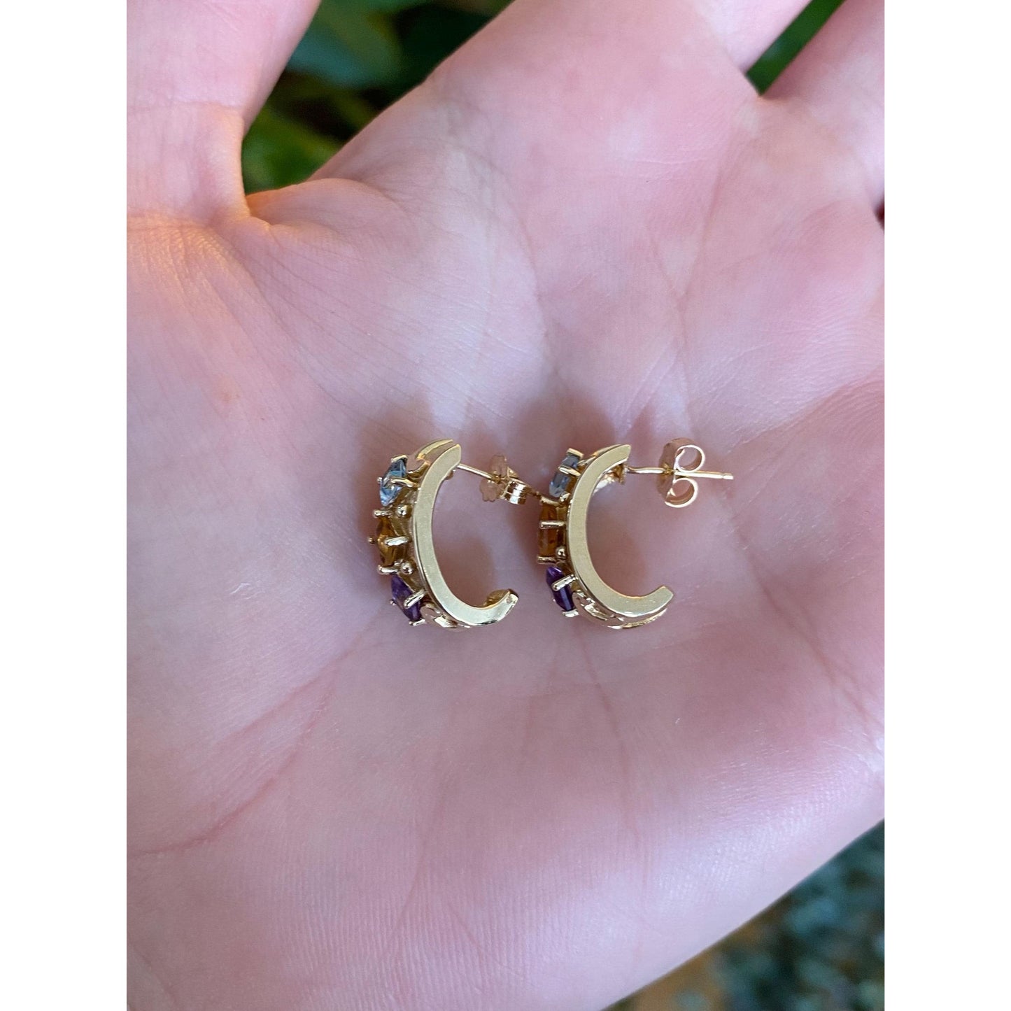 Vintage Solid 10k Yellow Gold Topaz Citrine Amethyst Drop Earrings