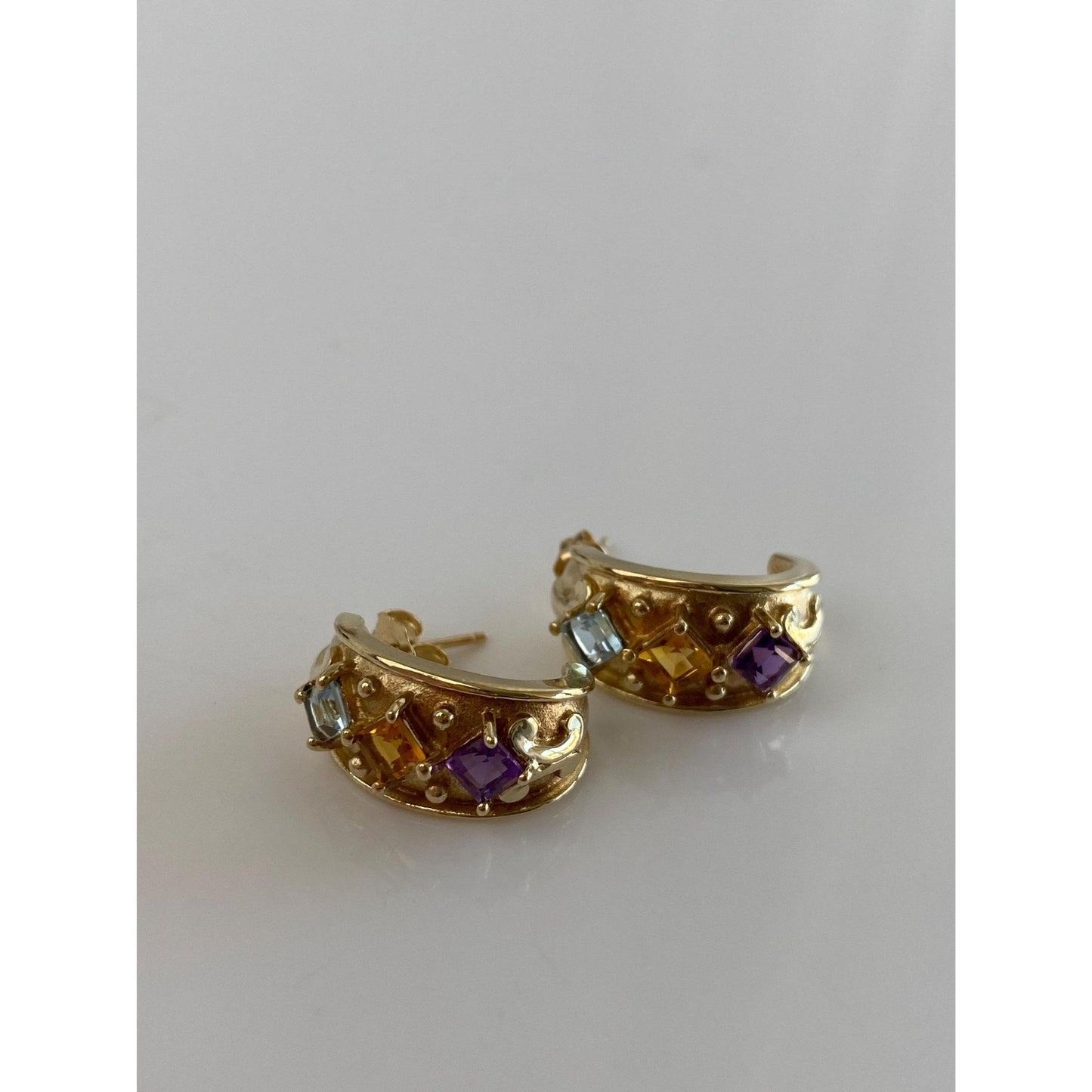 Vintage Solid 10k Yellow Gold Topaz Citrine Amethyst Drop Earrings