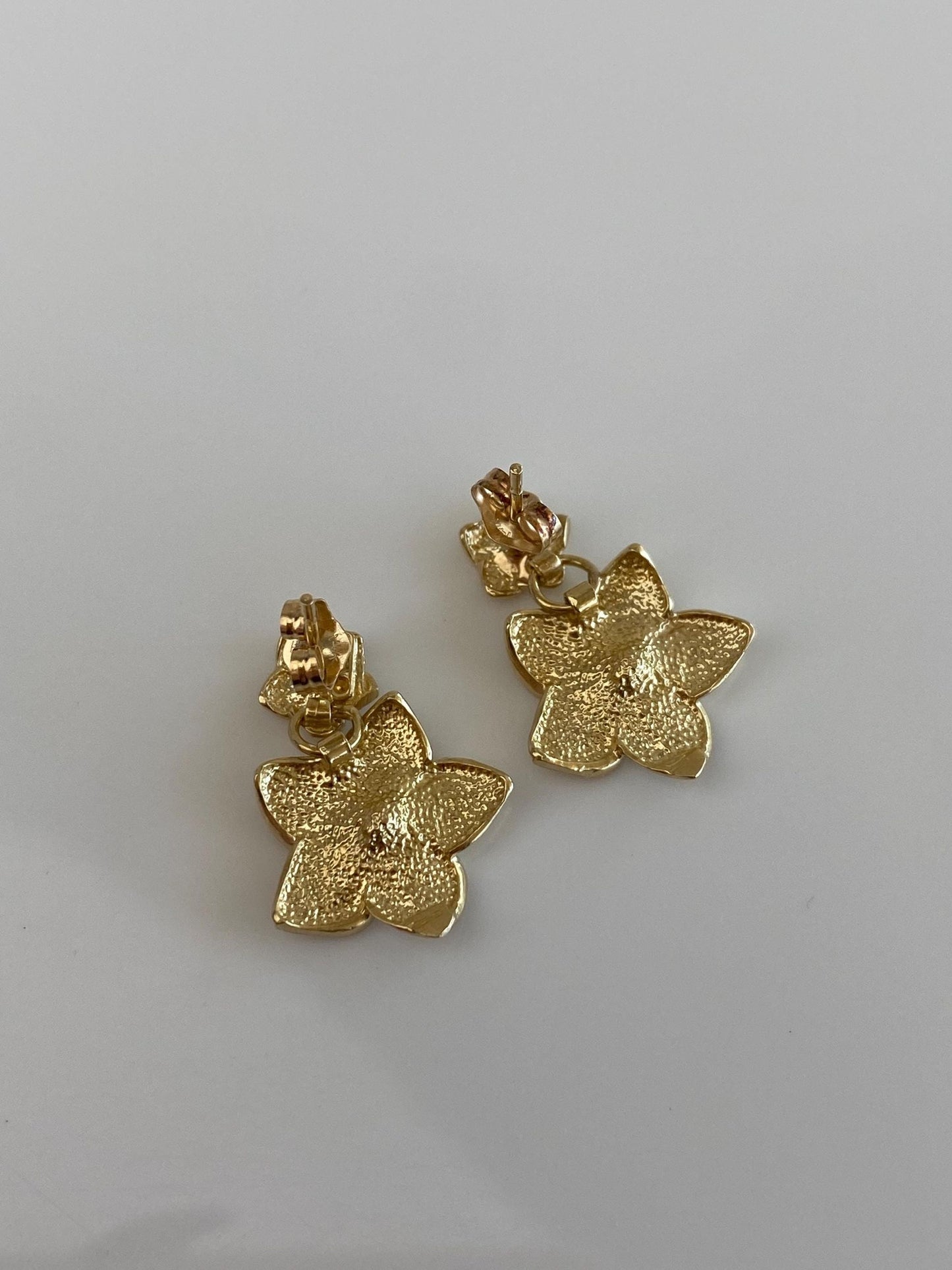 Vintage Solid 14k Yellow Gold Satin Flower Dangle Stud Earrings
