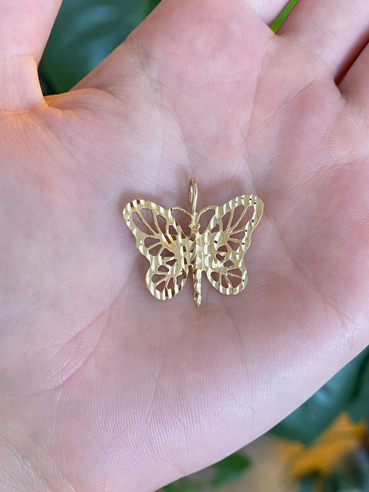 Vintage Solid 14k Yellow Gold Diamond Cut Butterfly Charm