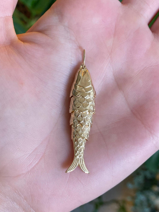 Vintage Solid 14k Yellow Gold Articulated Fish Charm
