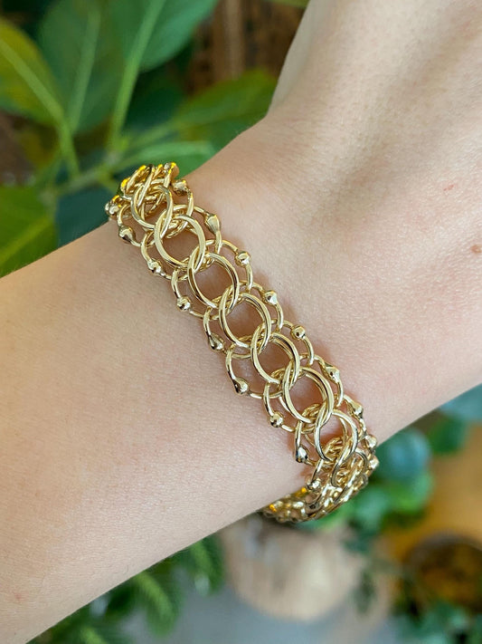Vintage Solid 14k Yellow Gold Triple Link Charm Bracelet - 7.5 inches