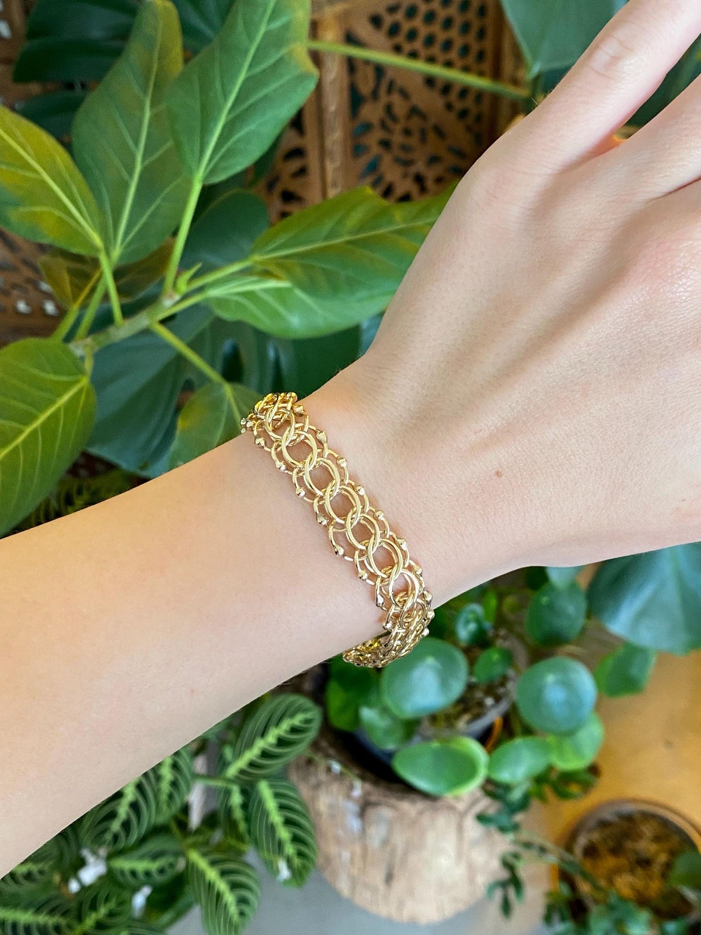 Vintage Solid 14k Yellow Gold Triple Link Charm Bracelet - 7.5 inches