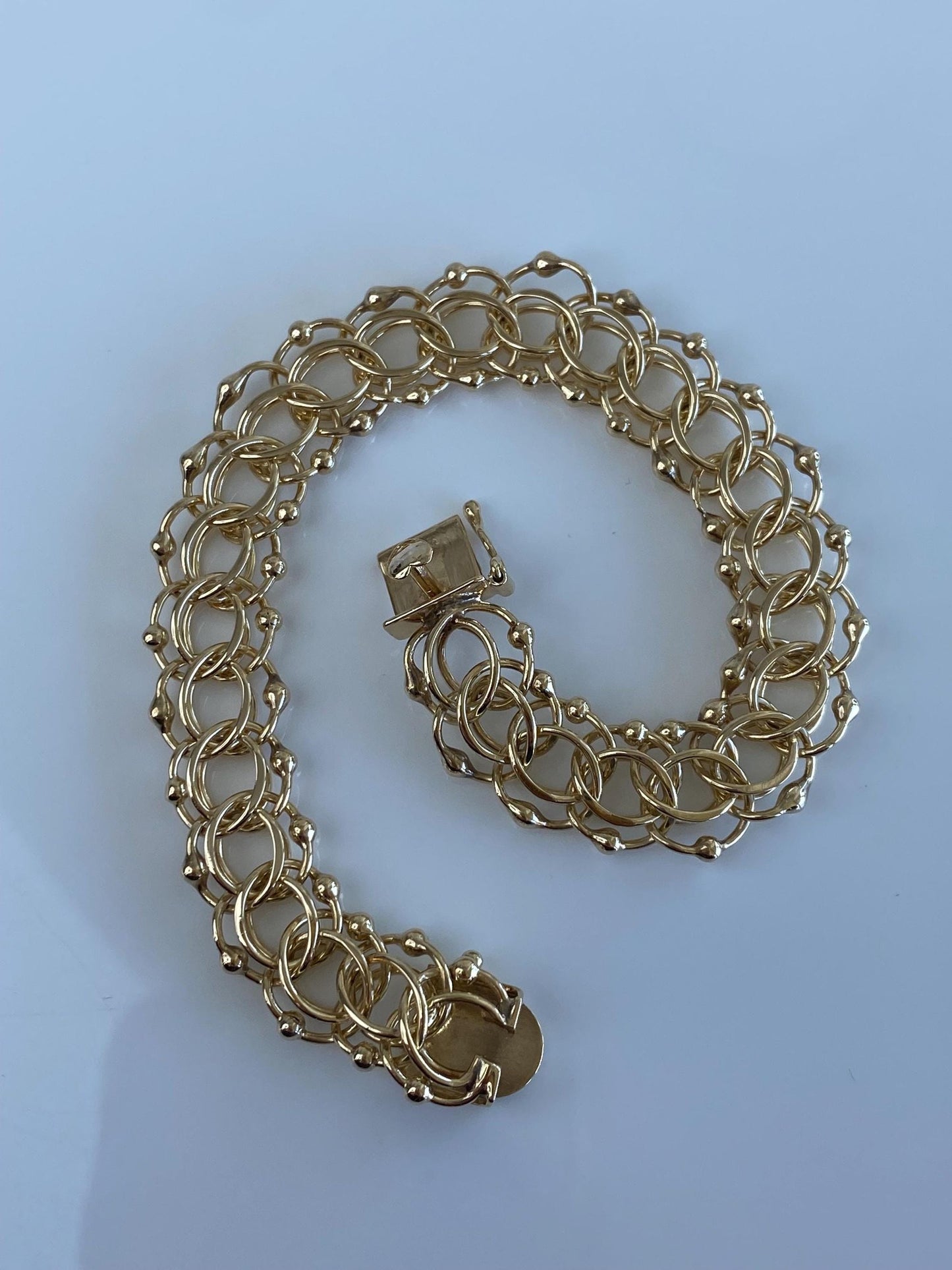 Vintage Solid 14k Yellow Gold Triple Link Charm Bracelet - 7.5 inches