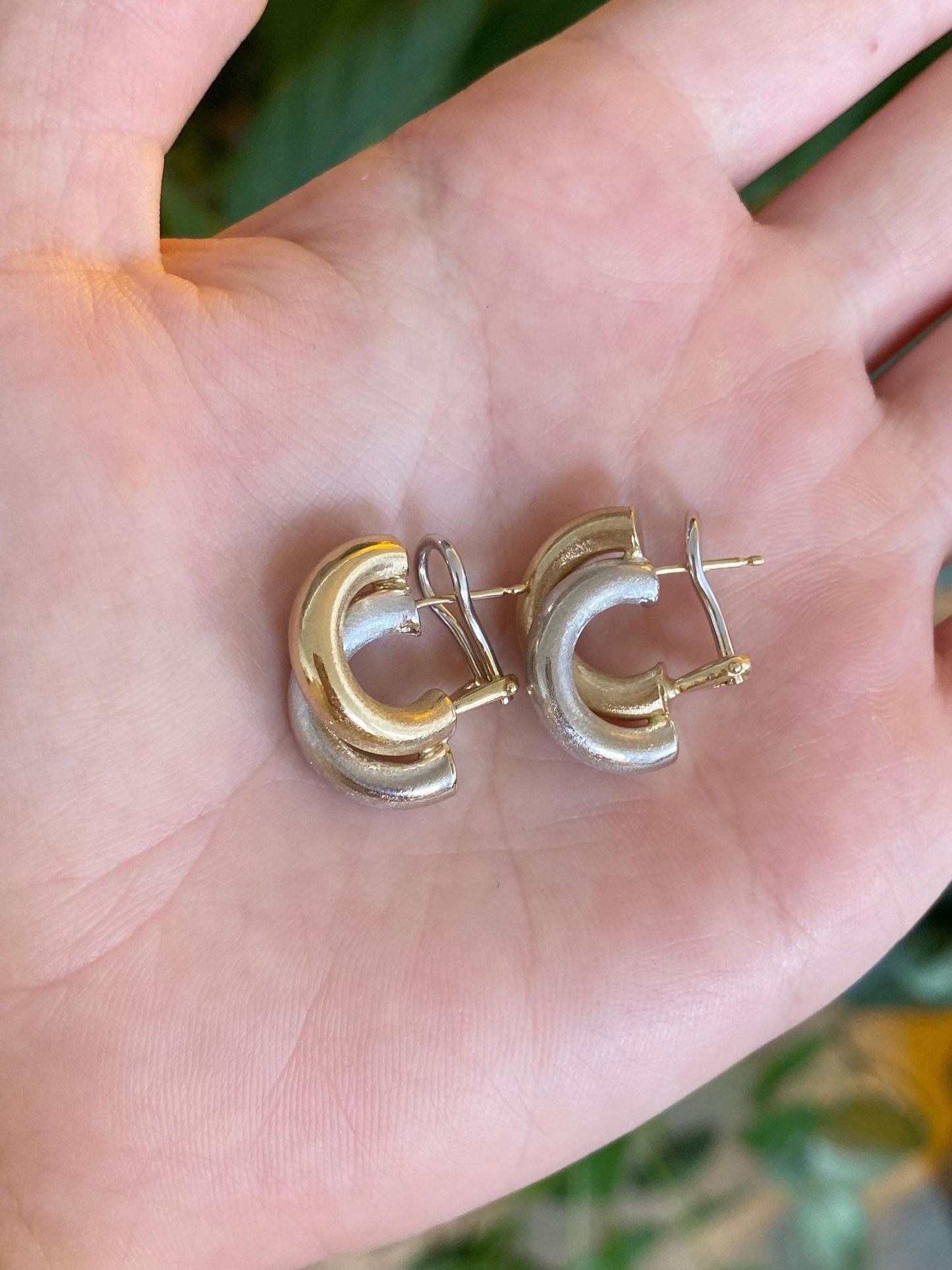 Vintage 14k White & Yellow Gold Satin Layered Drop Earrings