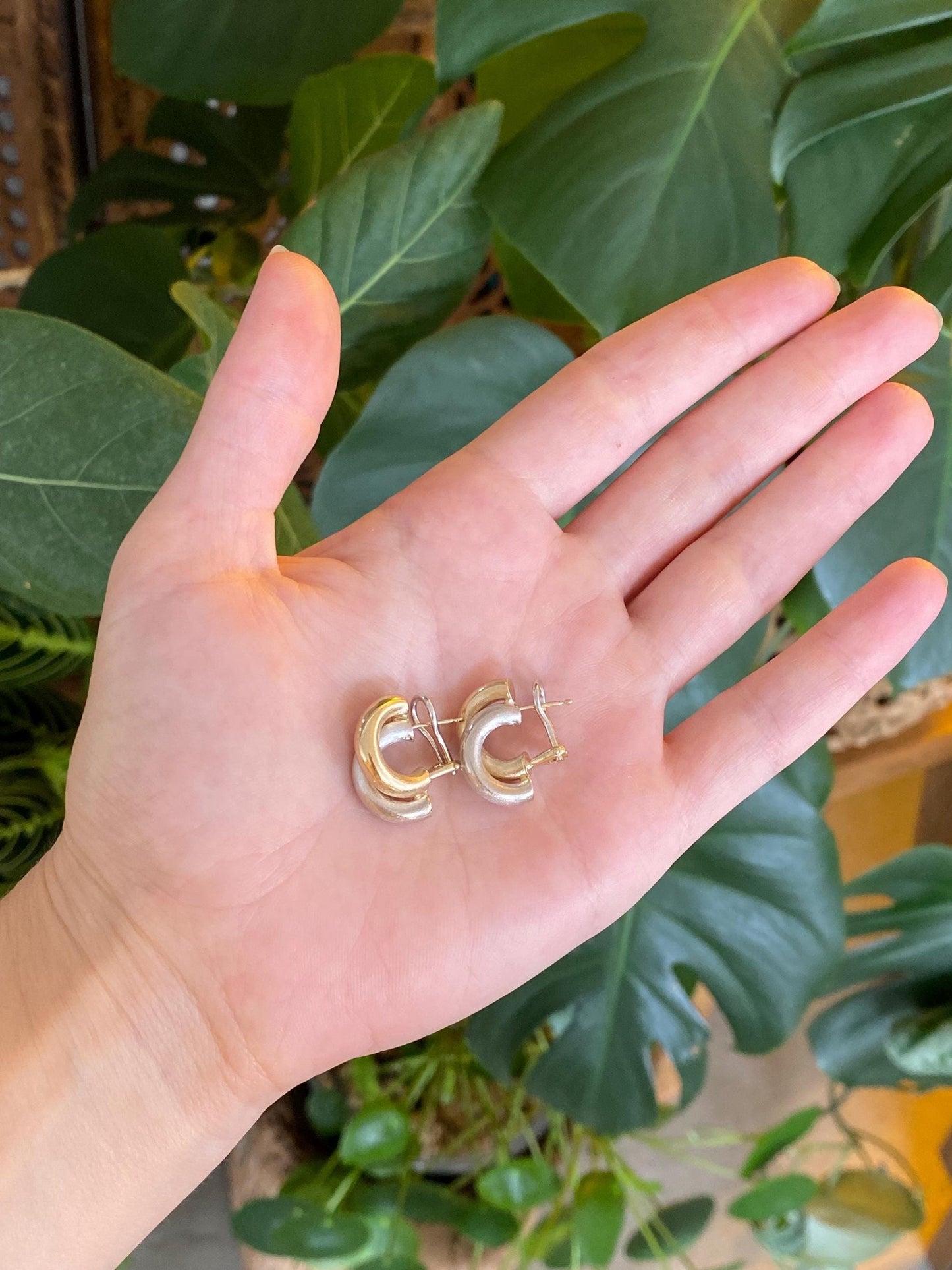 Vintage 14k White & Yellow Gold Satin Layered Drop Earrings