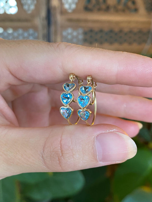 Vintage 10k Yellow Gold Topaz Hearts Hoop Earrings