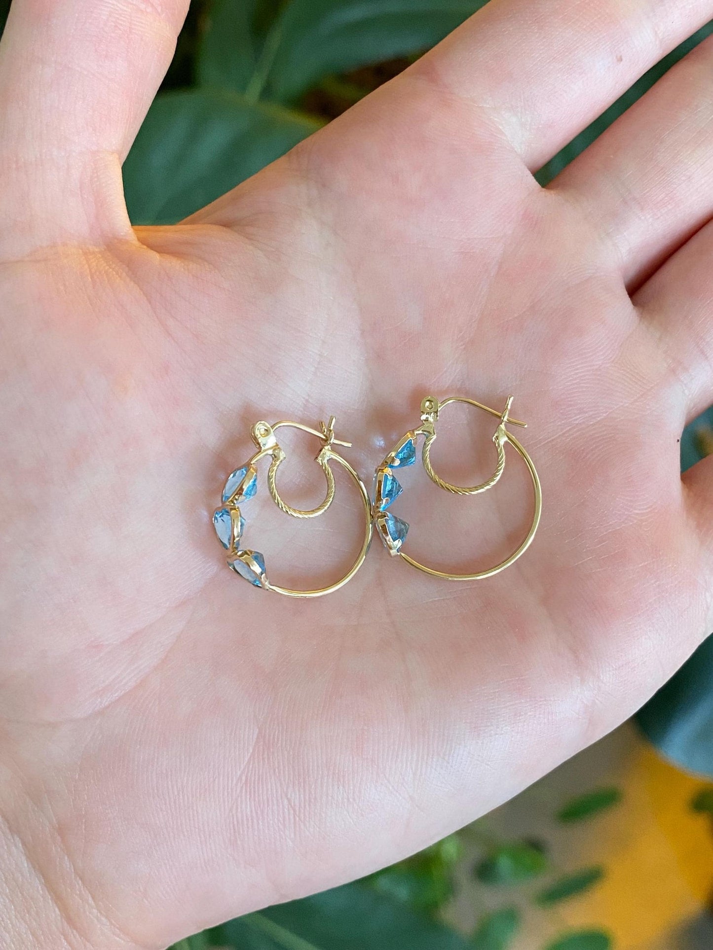 Vintage 10k Yellow Gold Topaz Hearts Hoop Earrings