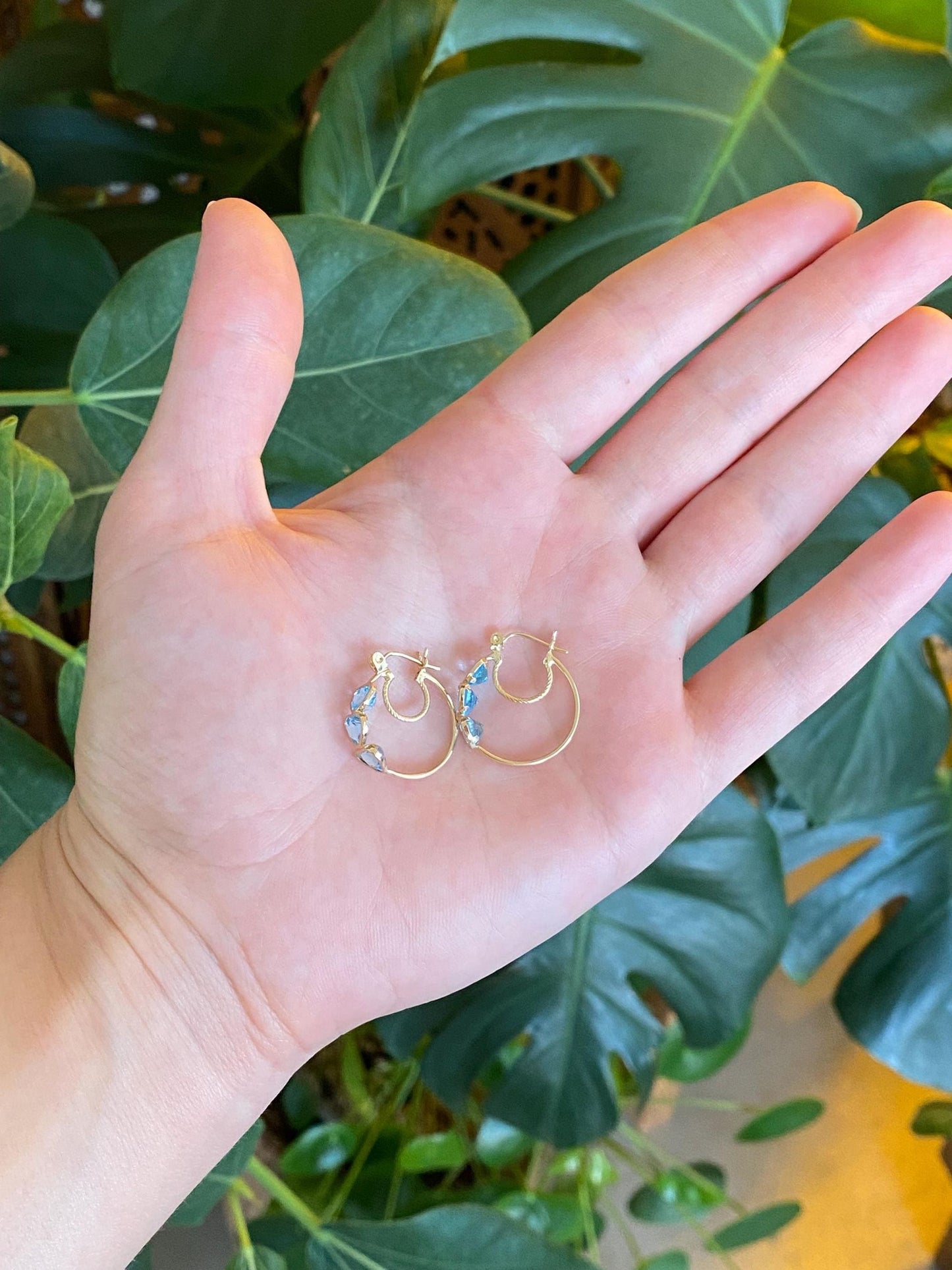 Vintage 10k Yellow Gold Topaz Hearts Hoop Earrings