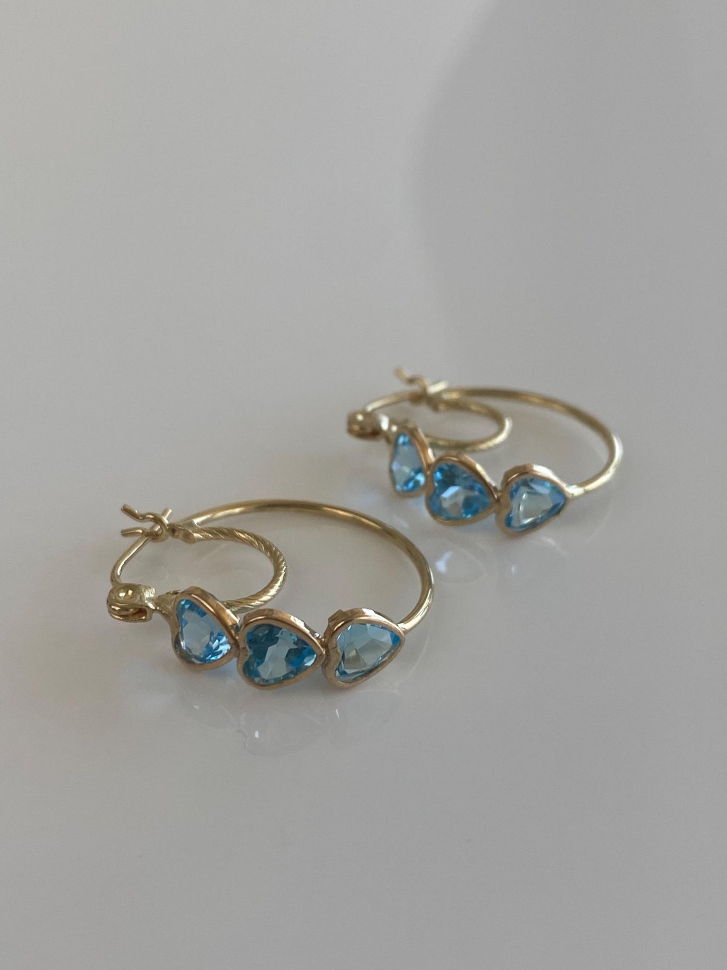 Vintage 10k Yellow Gold Topaz Hearts Hoop Earrings