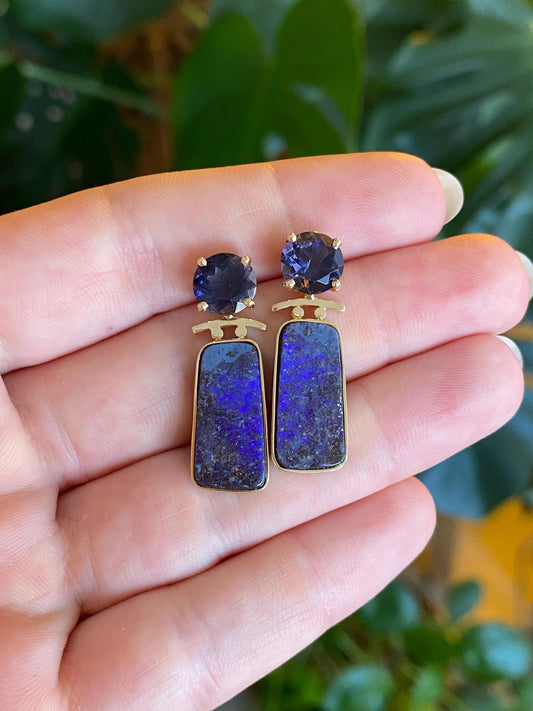 Vintage Solid 10k Yellow Gold Iolite Charoite Drop Earrings