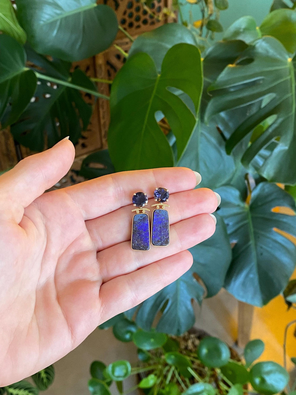 Vintage Solid 10k Yellow Gold Iolite Charoite Drop Earrings