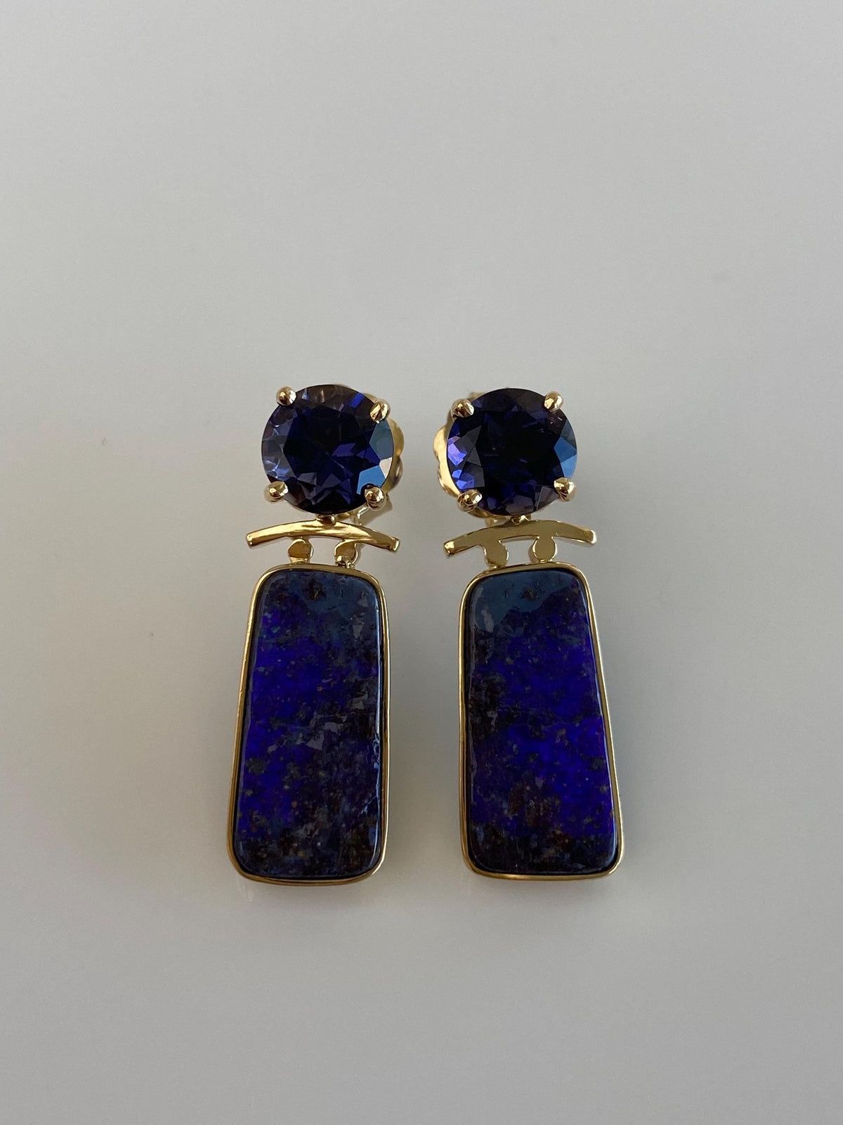 Vintage Solid 10k Yellow Gold Iolite Charoite Drop Earrings