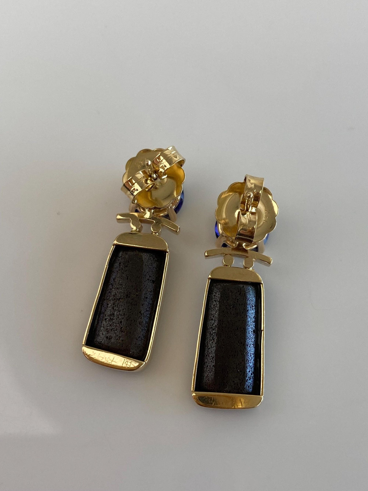 Vintage Solid 10k Yellow Gold Iolite Charoite Drop Earrings