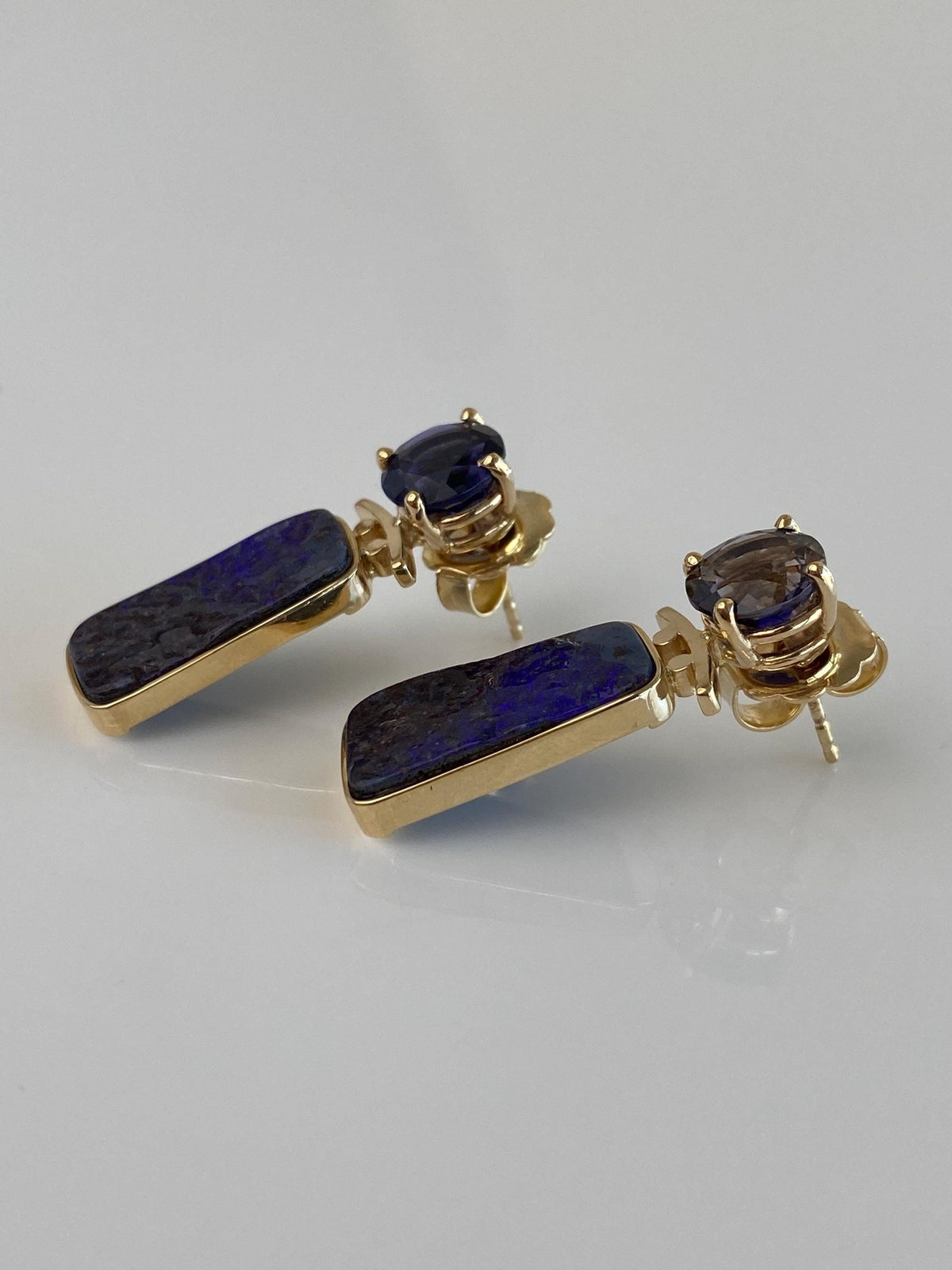 Vintage Solid 10k Yellow Gold Iolite Charoite Drop Earrings