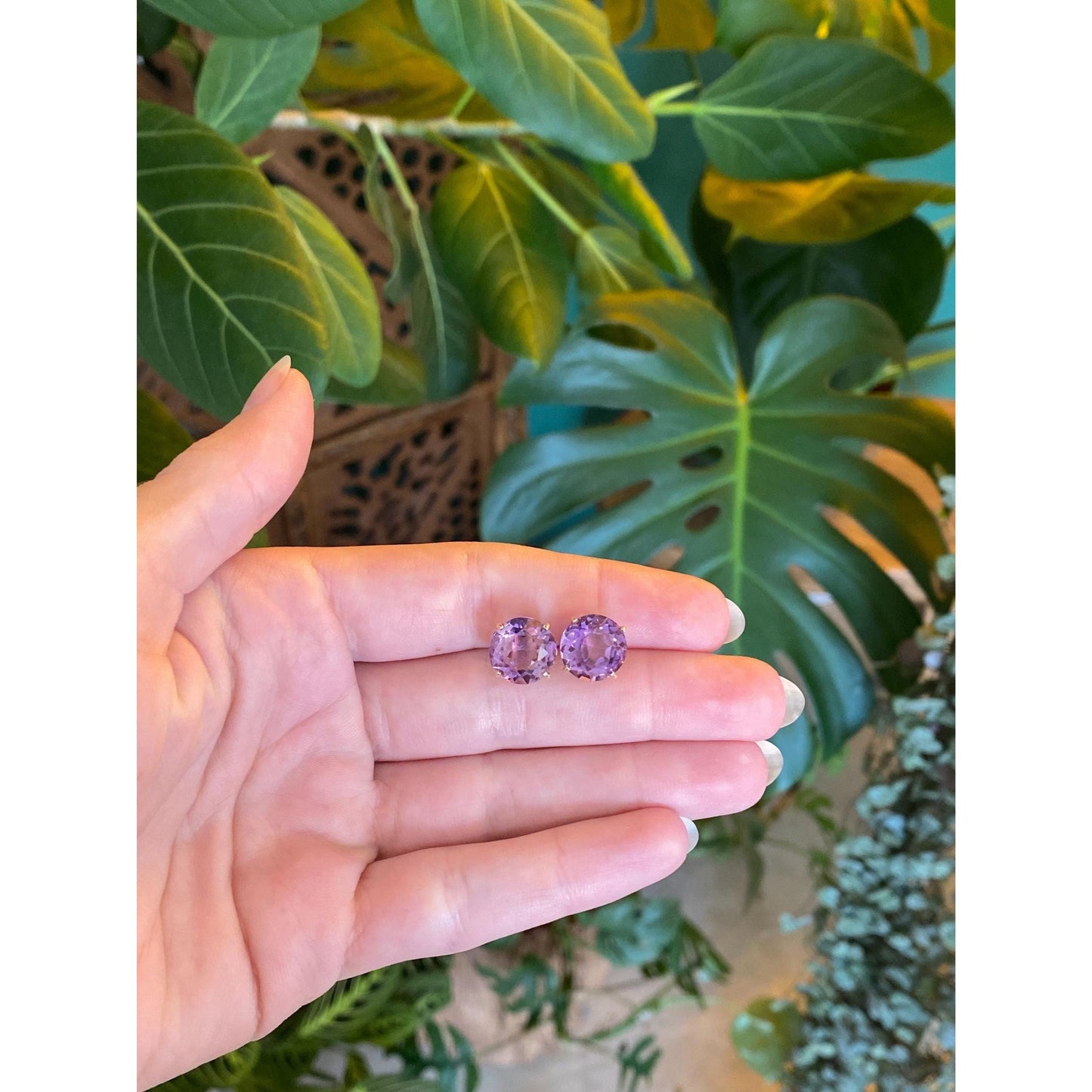 Vintage Solid 14k Yellow Gold Amethyst Stud Earrings