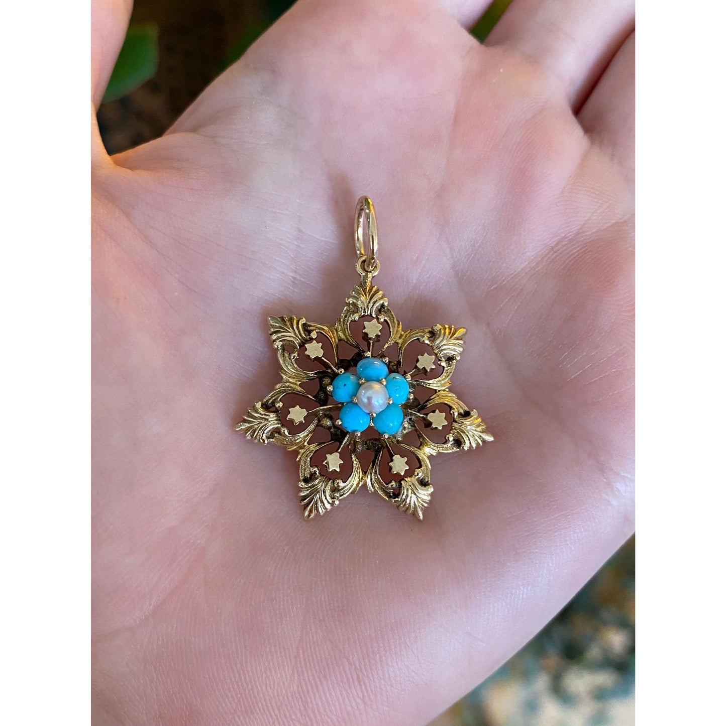 Vintage Solid 14k Yellow Gold Turquoise Pearl Flower Charm
