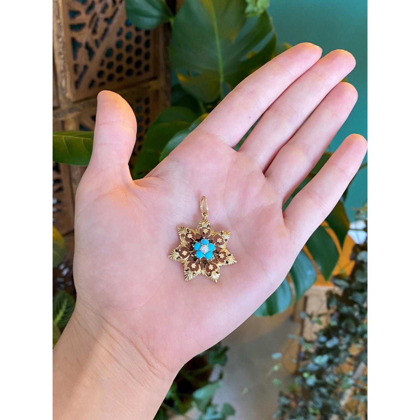 Vintage Solid 14k Yellow Gold Turquoise Pearl Flower Charm