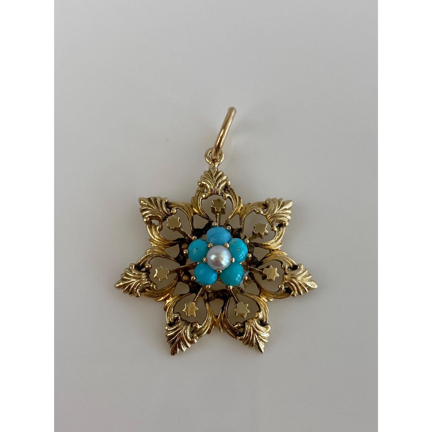 Vintage Solid 14k Yellow Gold Turquoise Pearl Flower Charm