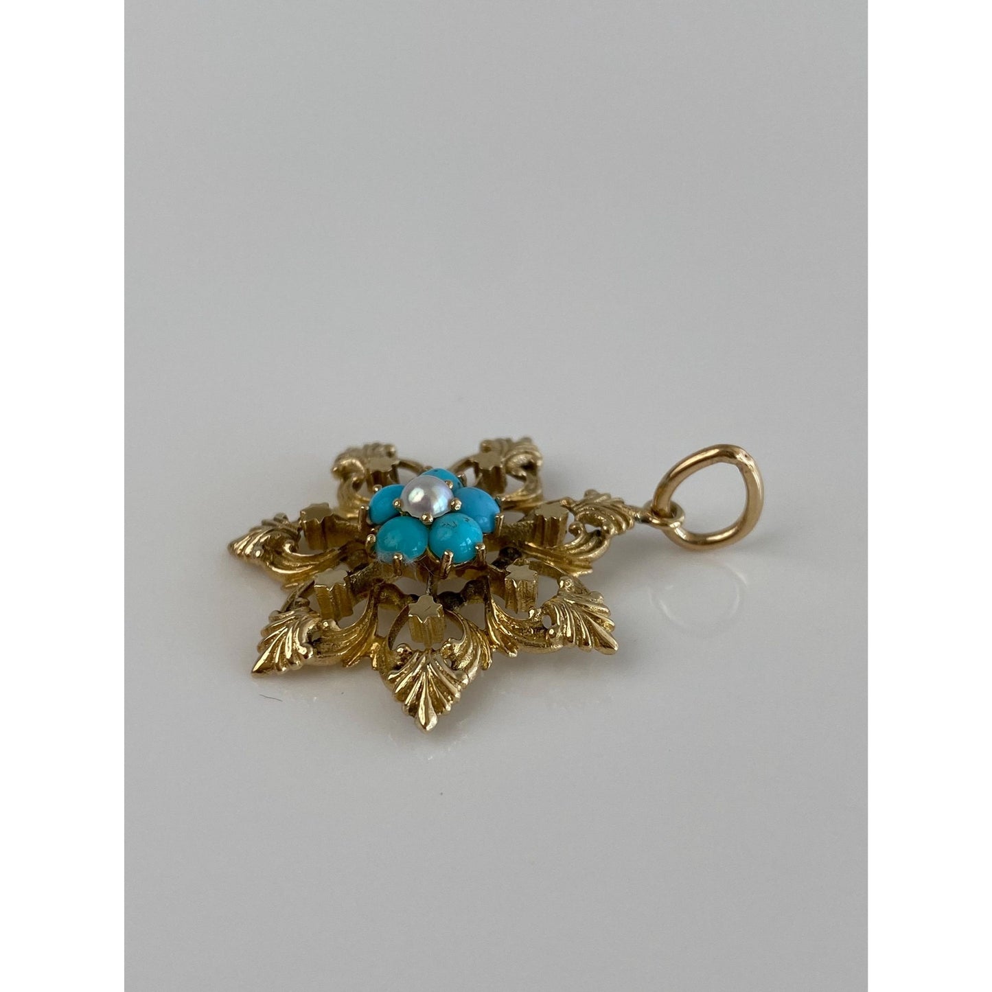 Vintage Solid 14k Yellow Gold Turquoise Pearl Flower Charm