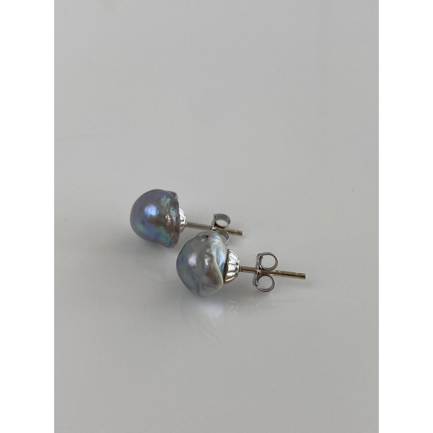 Vintage Solid 14k White Gold Baroque Pearl Stud Earrings