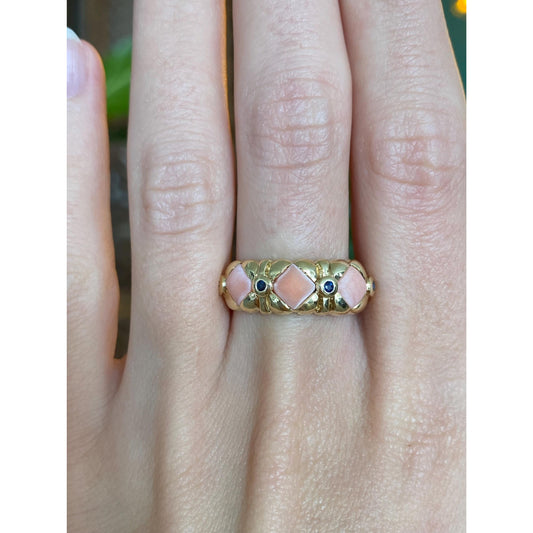 Vintage Solid 14k Yellow Gold Coral Blue Spinel Ring Band - Size 9