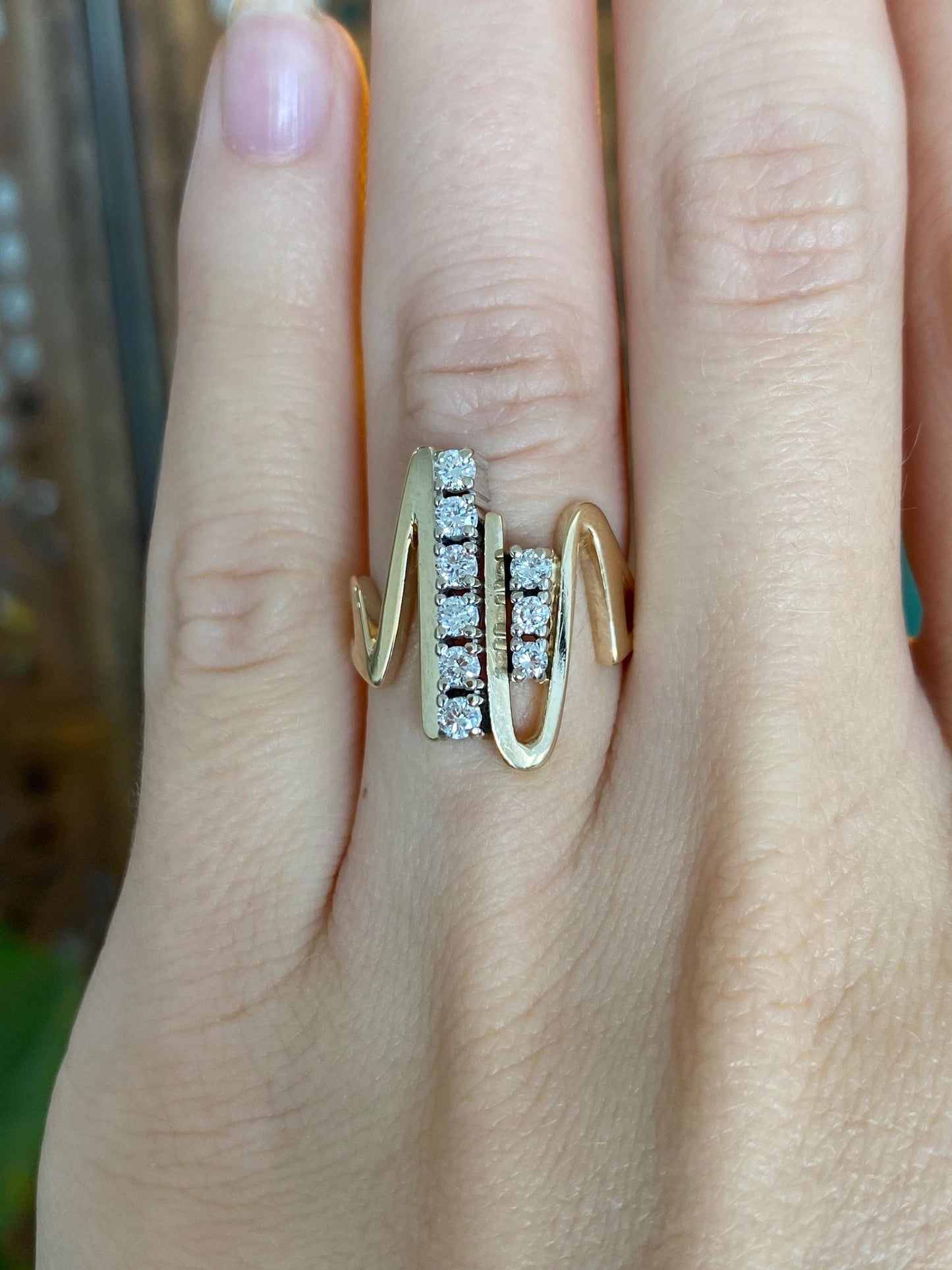 Vintage Solid 14k White & Yellow Gold Diamonds Lifeline Ring - Size 5.25