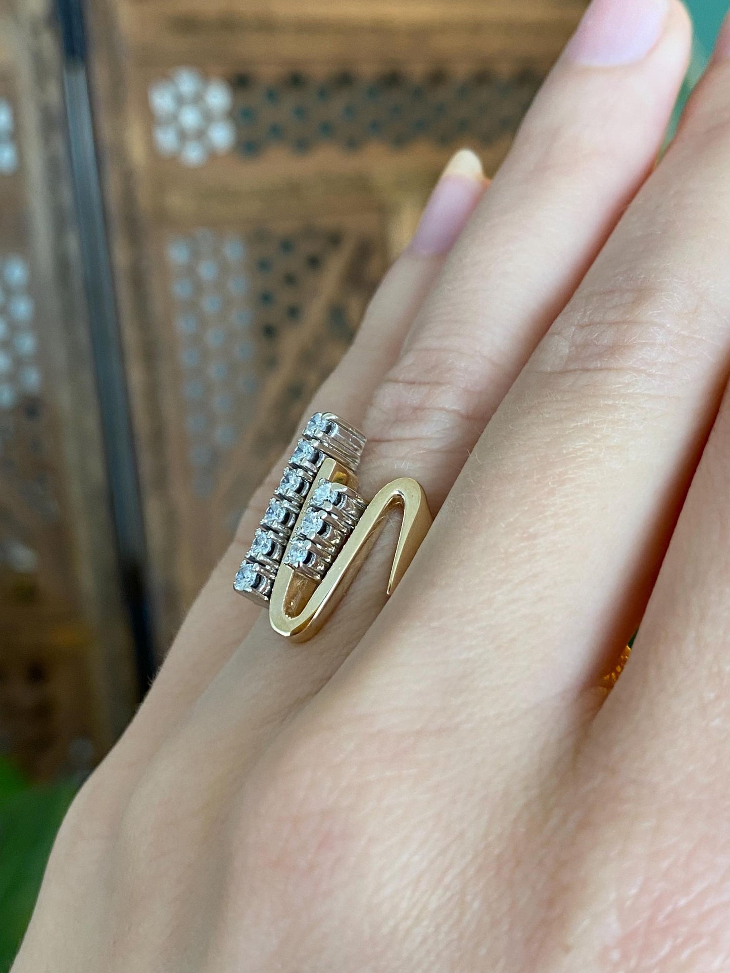 Vintage Solid 14k White & Yellow Gold Diamonds Lifeline Ring - Size 5.25