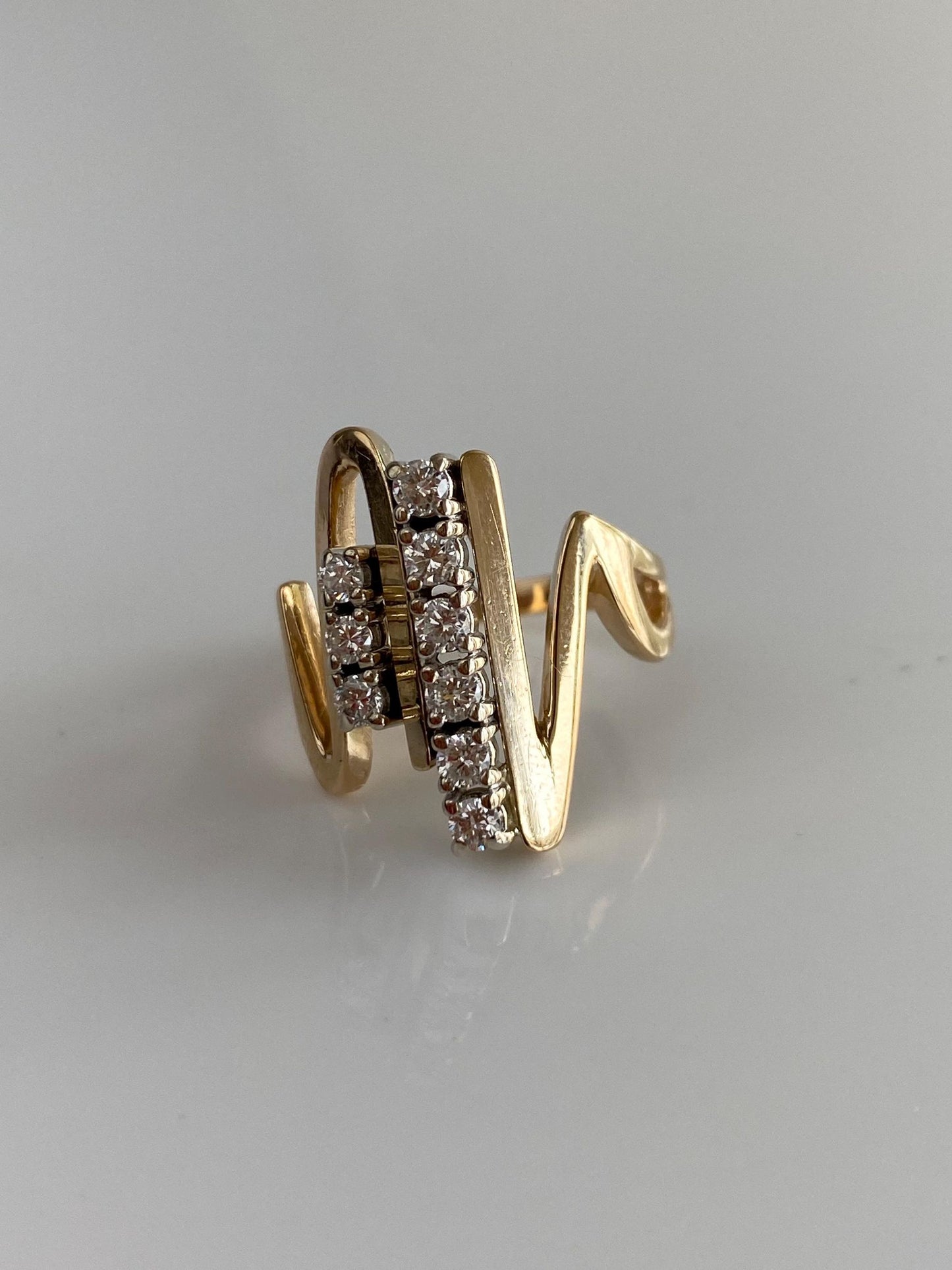 Vintage Solid 14k White & Yellow Gold Diamonds Lifeline Ring - Size 5.25