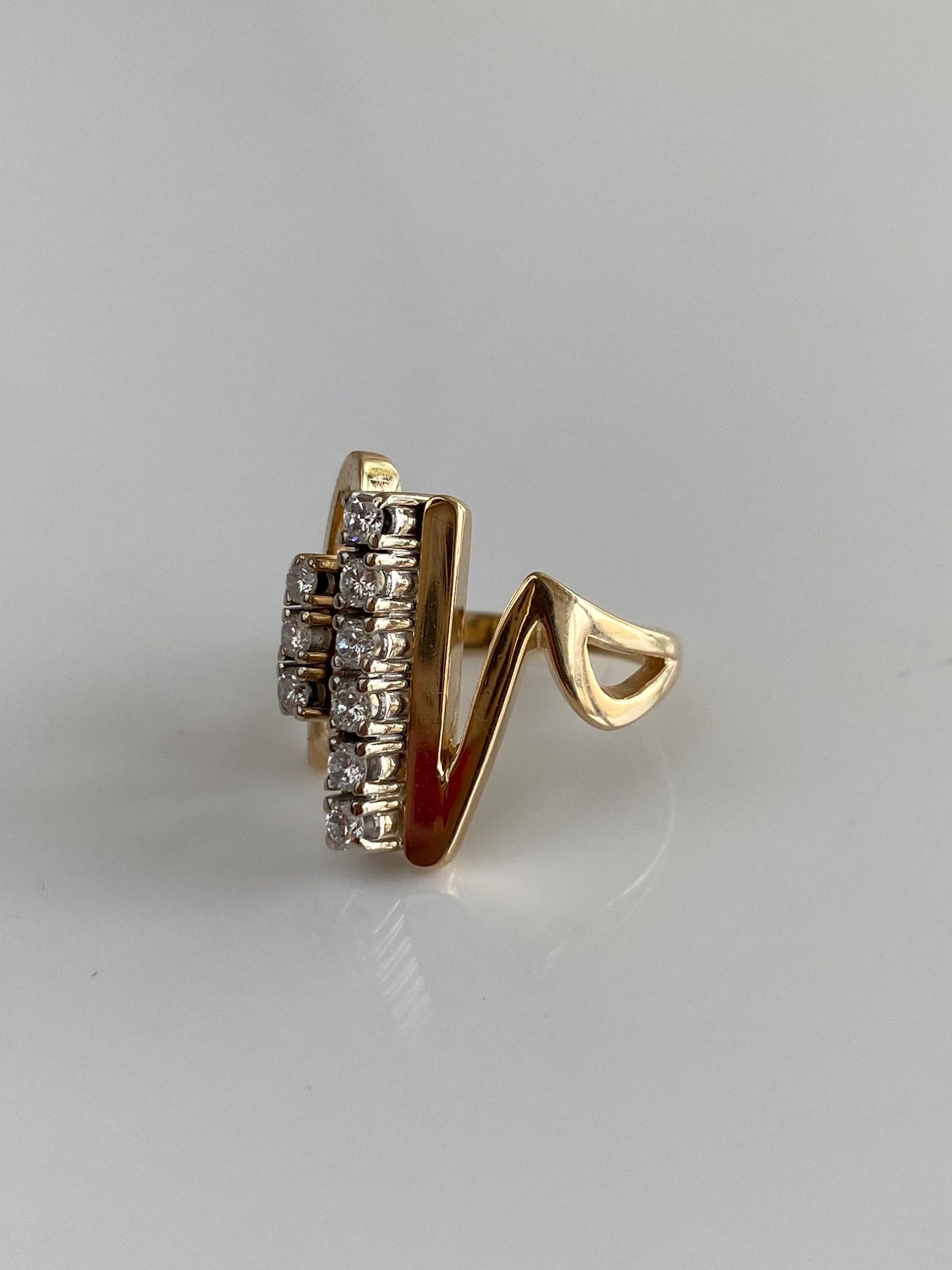 Vintage Solid 14k White & Yellow Gold Diamonds Lifeline Ring - Size 5.25