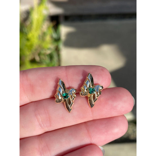 Vintage Solid 10k Yellow Gold Green Cubic Zirconia Design Stud Earrings