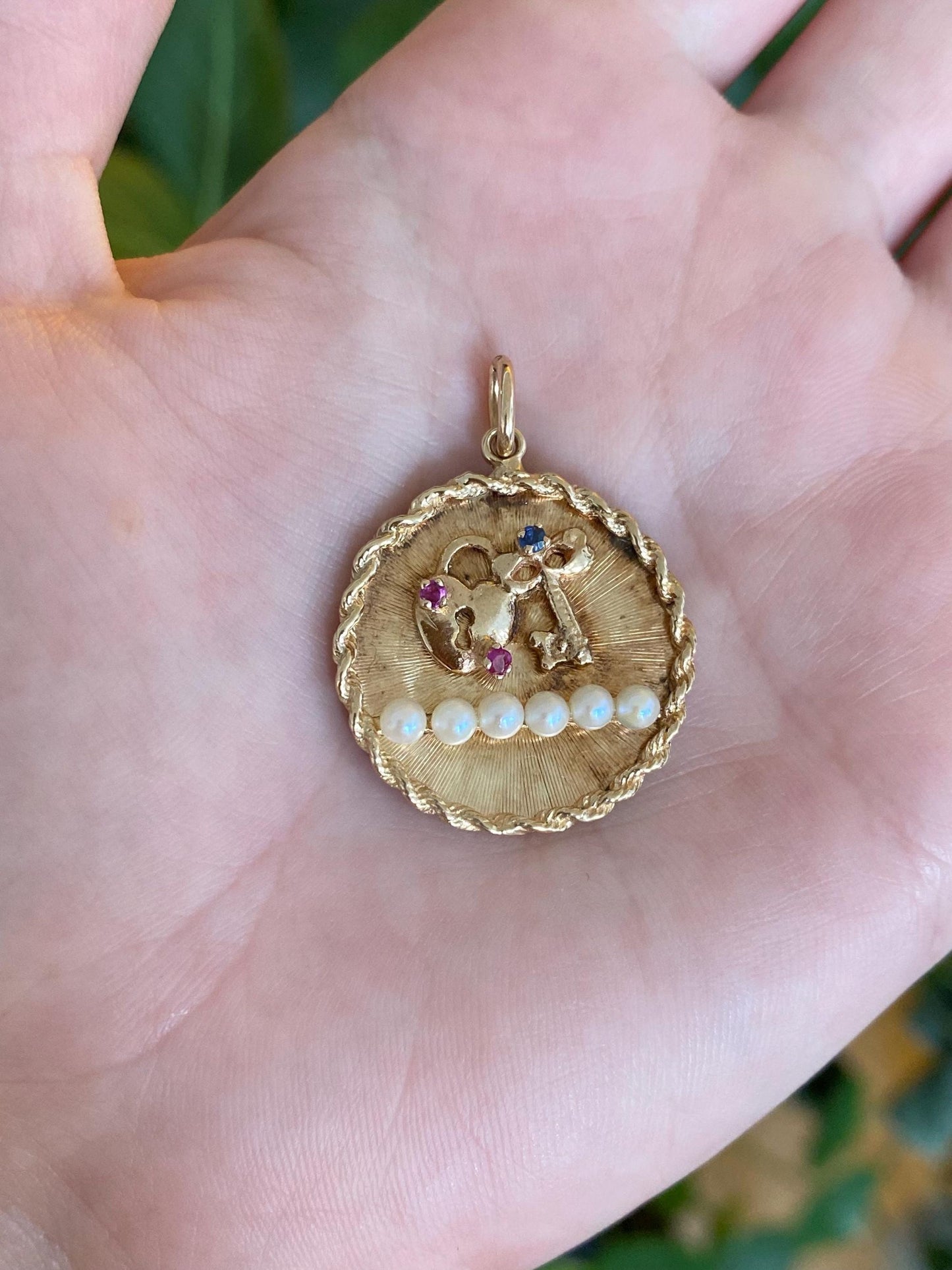 Vintage Solid 14k Yellow Gold Ruby Blue Sapphire Pearls Heart Lock Key Charm