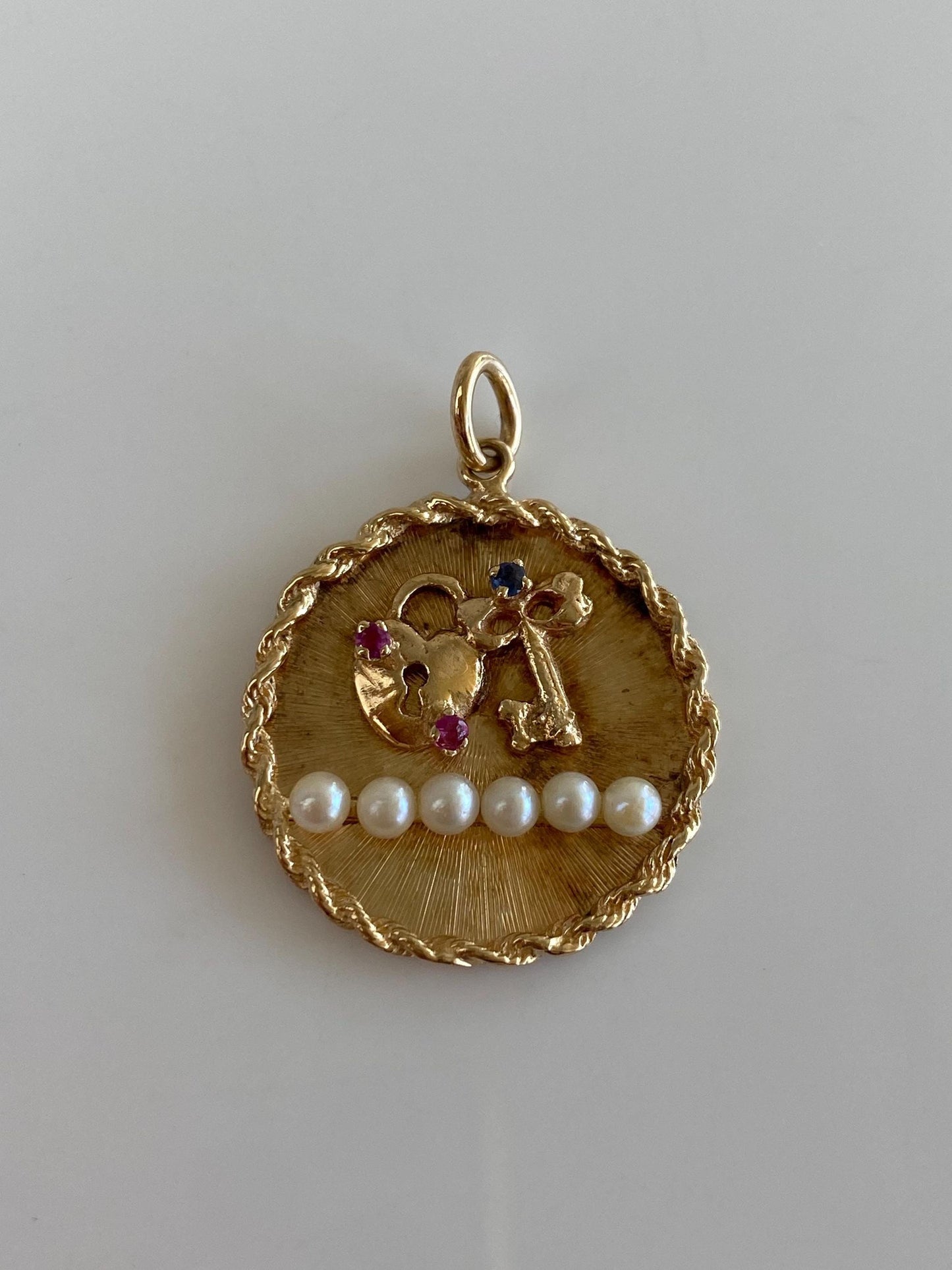 Vintage Solid 14k Yellow Gold Ruby Blue Sapphire Pearls Heart Lock Key Charm