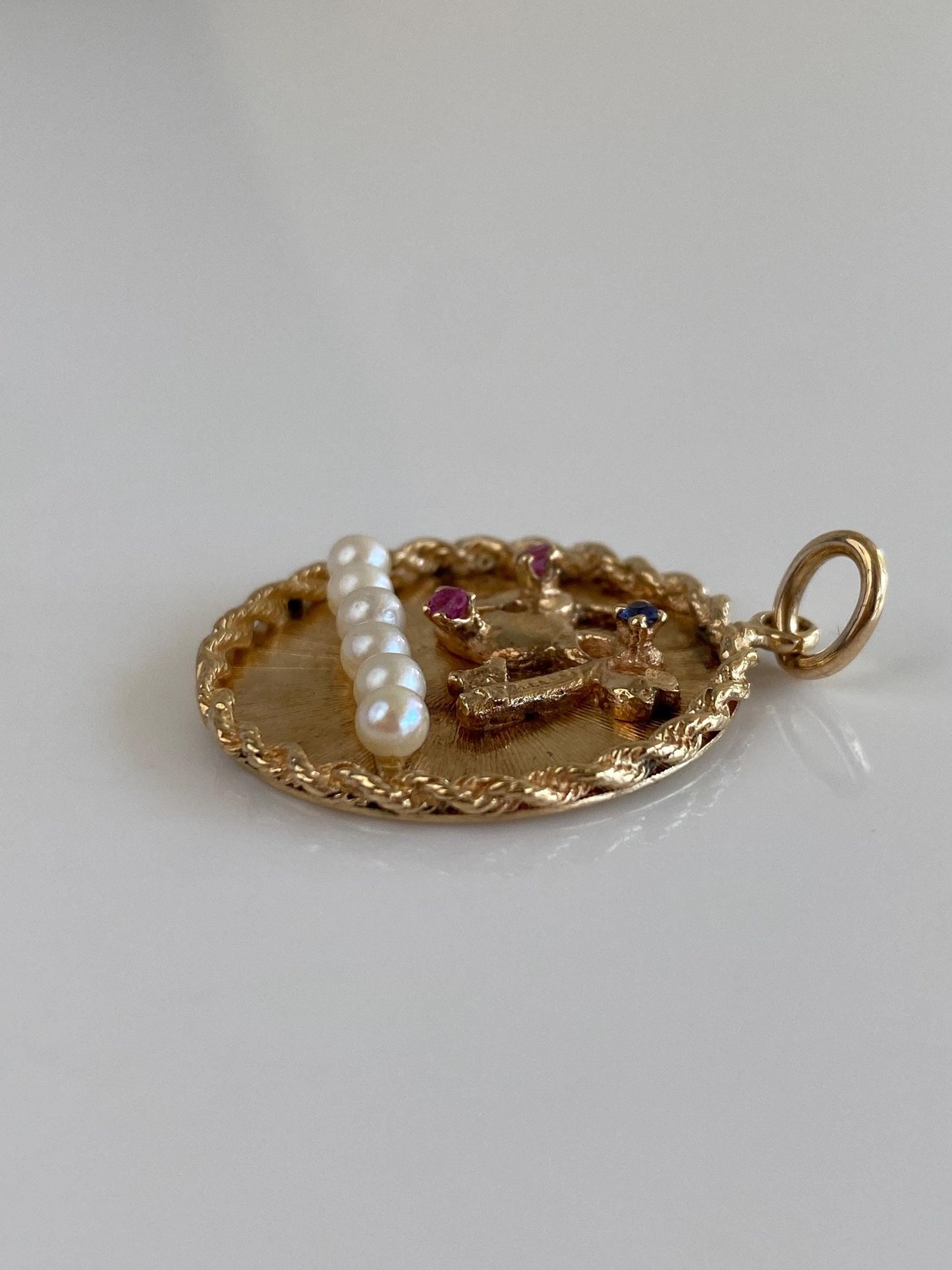 Vintage Solid 14k Yellow Gold Ruby Blue Sapphire Pearls Heart Lock Key Charm
