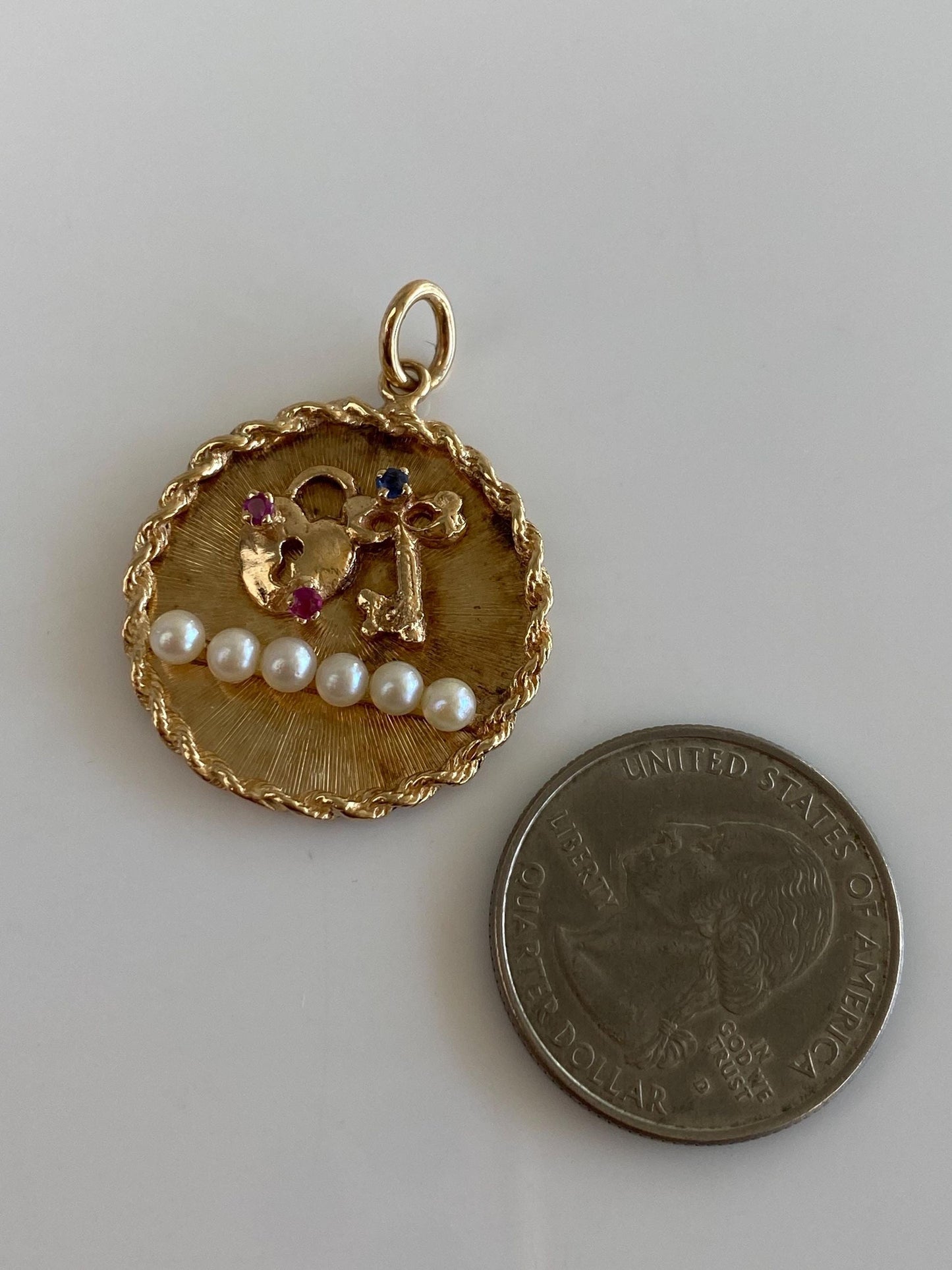 Vintage Solid 14k Yellow Gold Ruby Blue Sapphire Pearls Heart Lock Key Charm