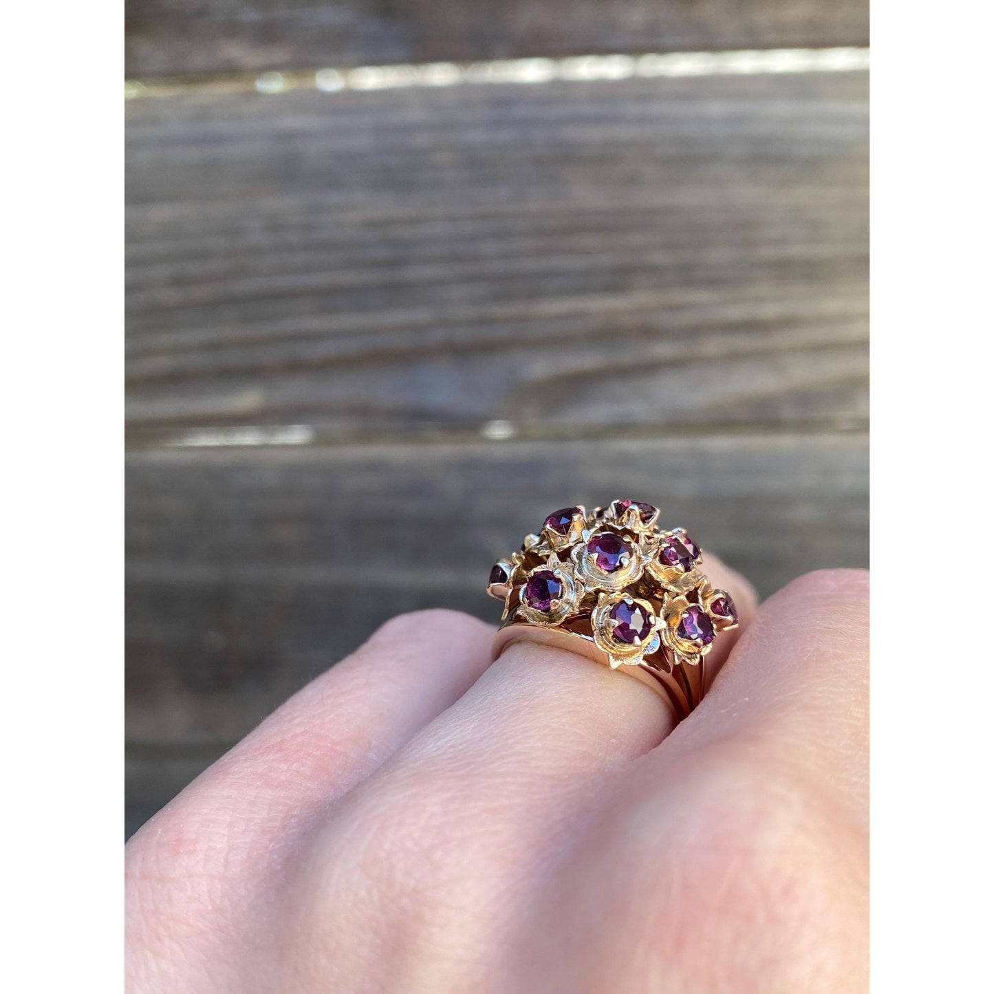 Vintage Solid 14k Rosey Gold Ruby Moving Cocktail Ring - Size 4.5