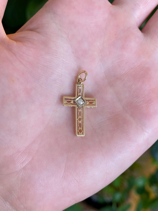 Vintage Solid 14k White & Yellow Gold Diamond Open Work Cross Charm