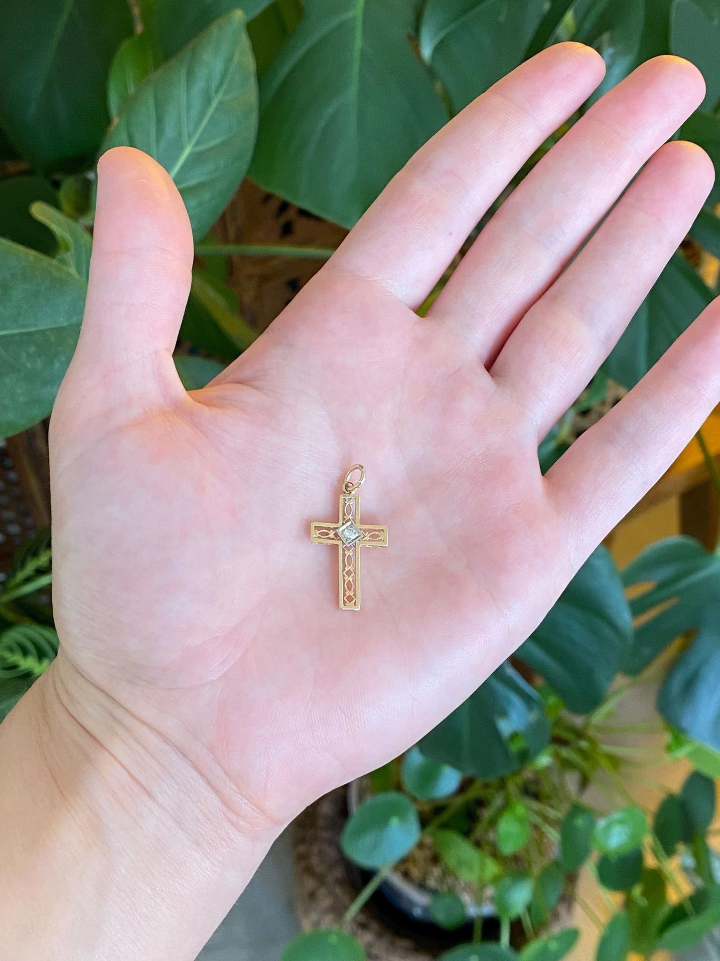Vintage Solid 14k White & Yellow Gold Diamond Open Work Cross Charm