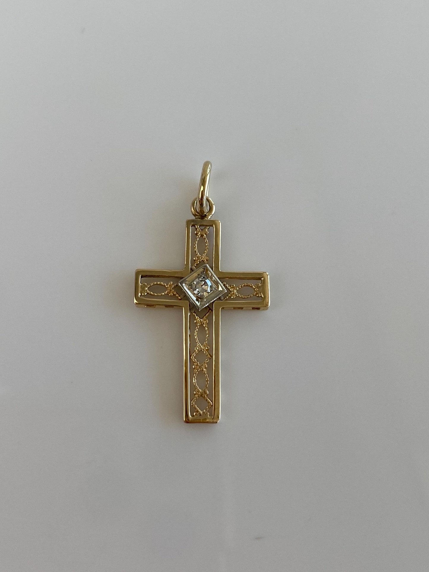 Vintage Solid 14k White & Yellow Gold Diamond Open Work Cross Charm