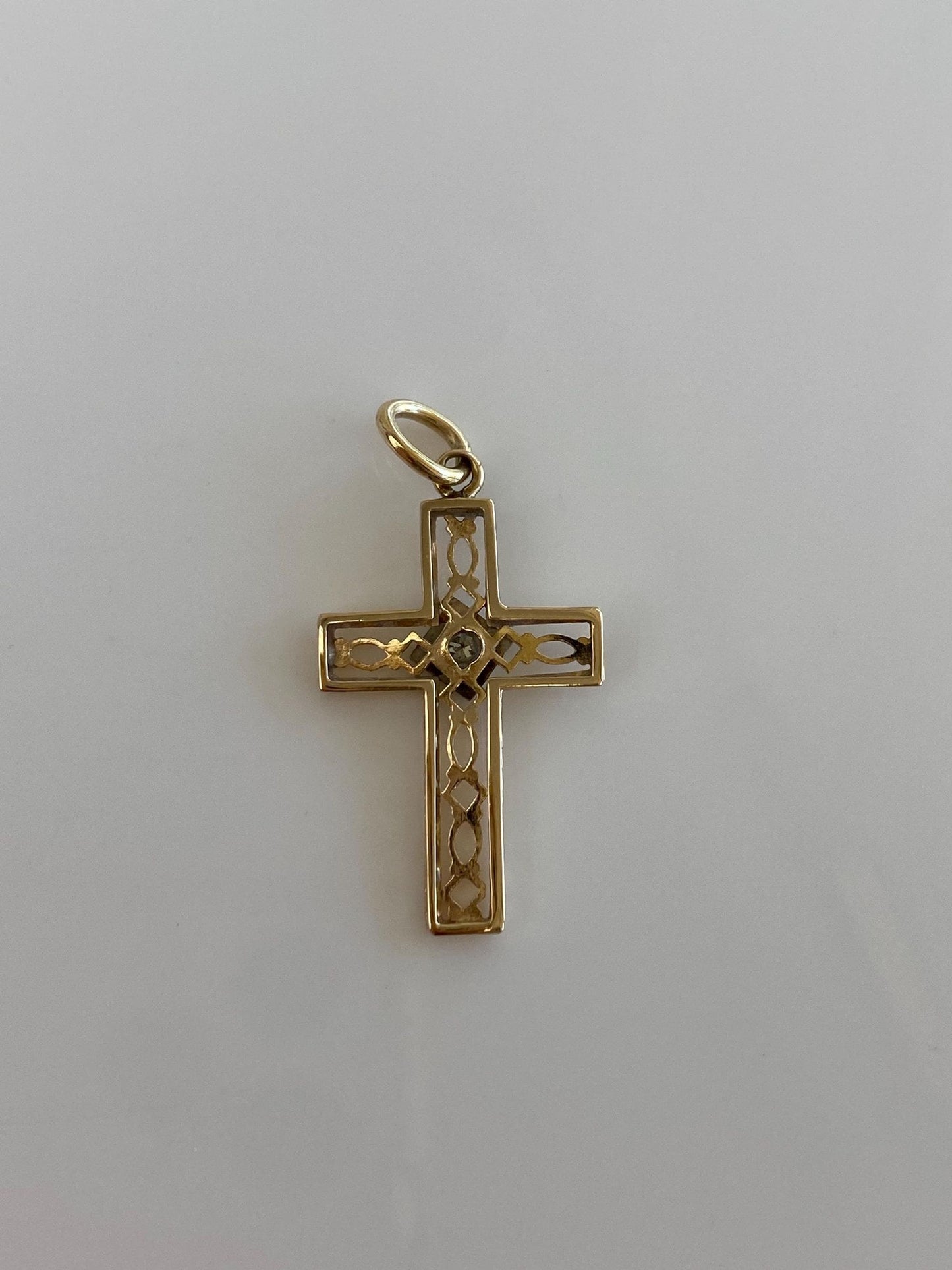 Vintage Solid 14k White & Yellow Gold Diamond Open Work Cross Charm