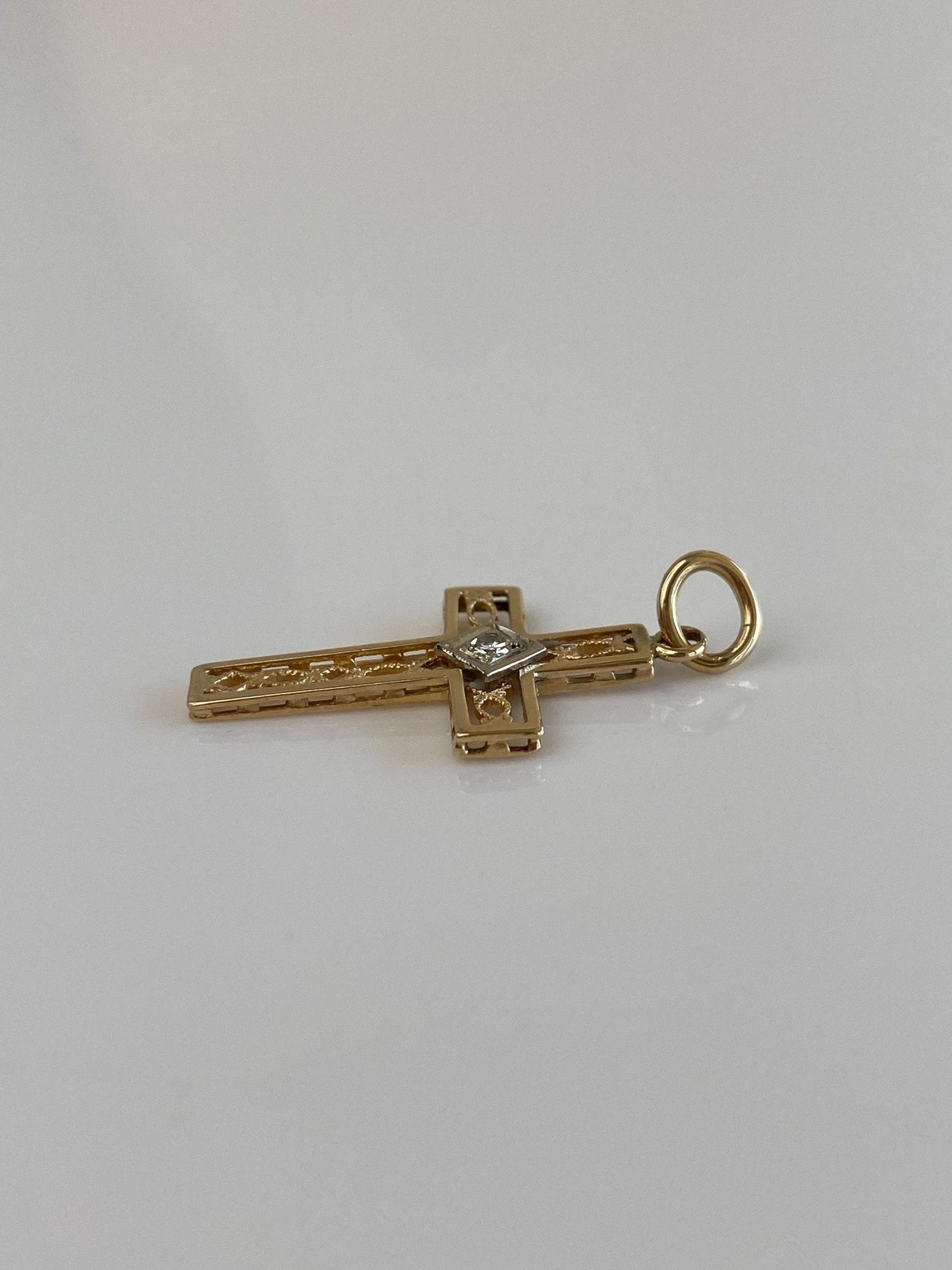 Vintage Solid 14k White & Yellow Gold Diamond Open Work Cross Charm