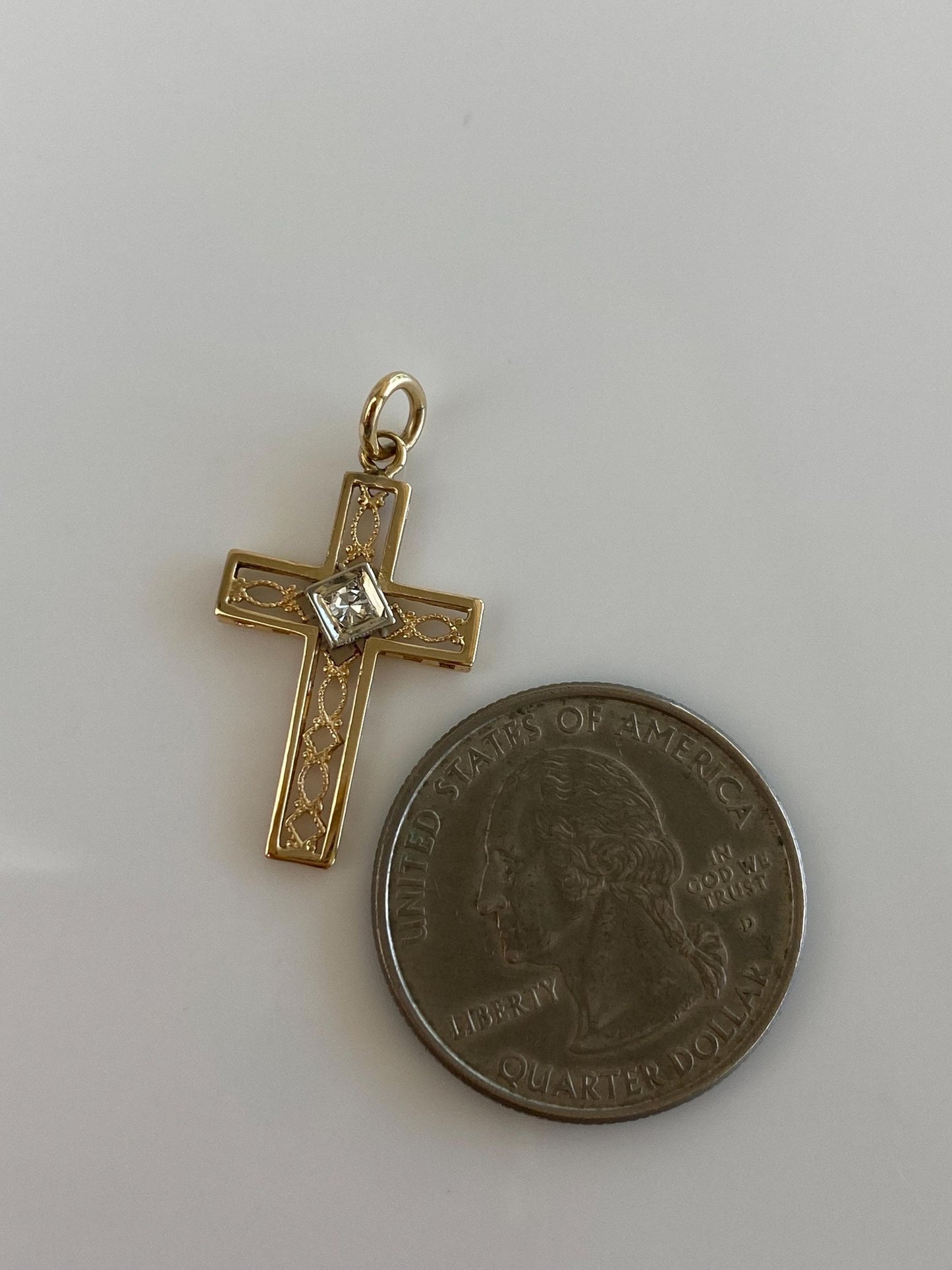 Vintage Solid 14k White & Yellow Gold Diamond Open Work Cross Charm