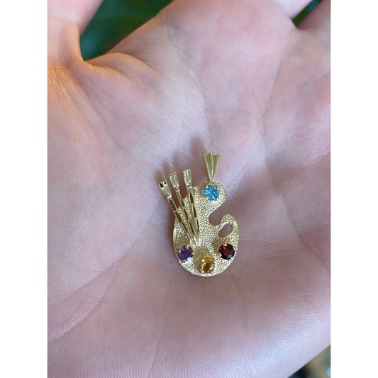 Vintage Solid 14k Yellow Gold Topaz Garnet Citrine Amethyst Artist Palette Charm