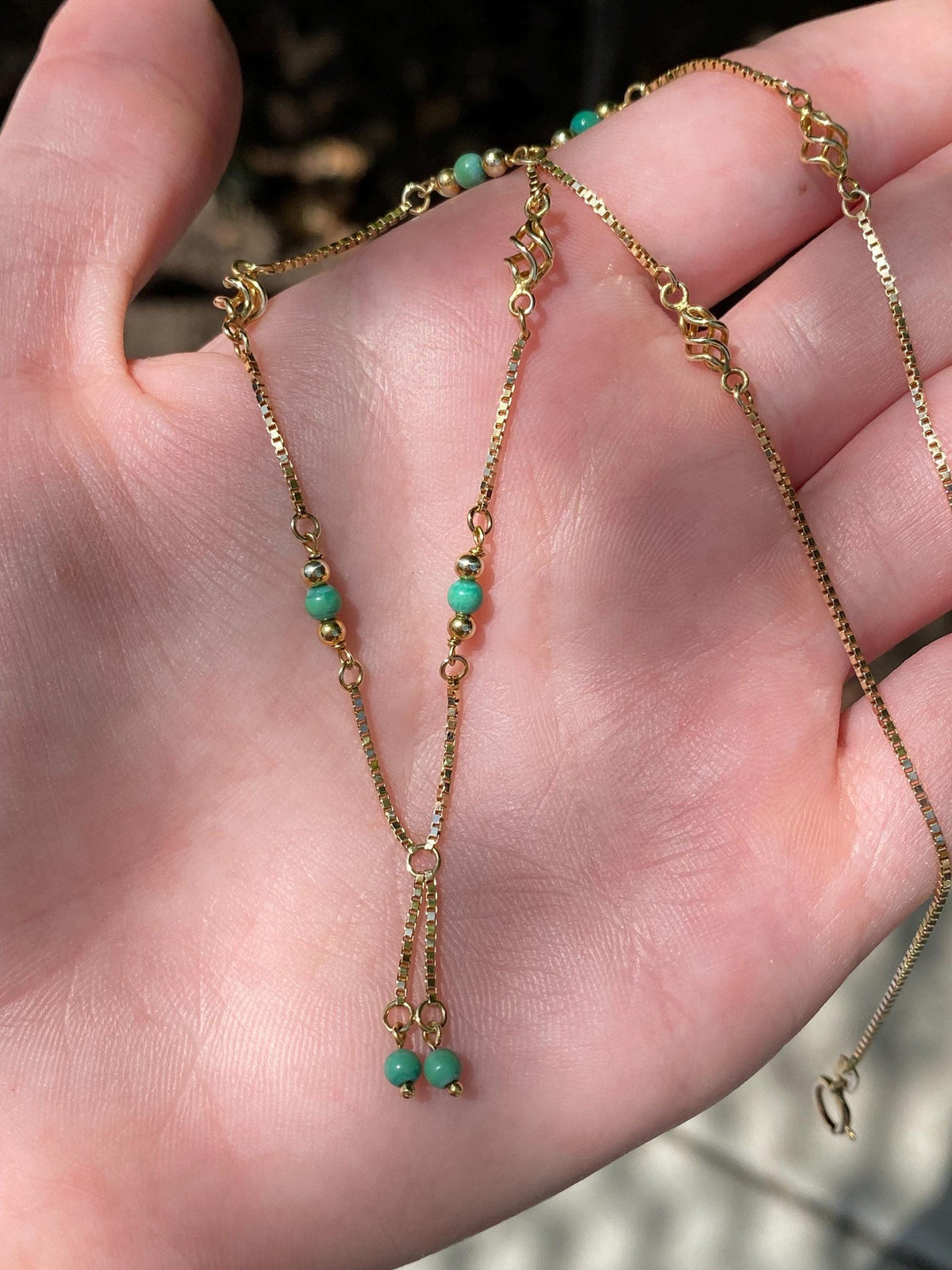 Vintage Solid 14k Yellow Gold Green Bead Ball Spiral Link Box Chain Necklace - 16 inches
