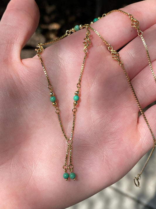 Vintage Solid 14k Yellow Gold Green Bead Ball Spiral Link Box Chain Necklace - 16 inches