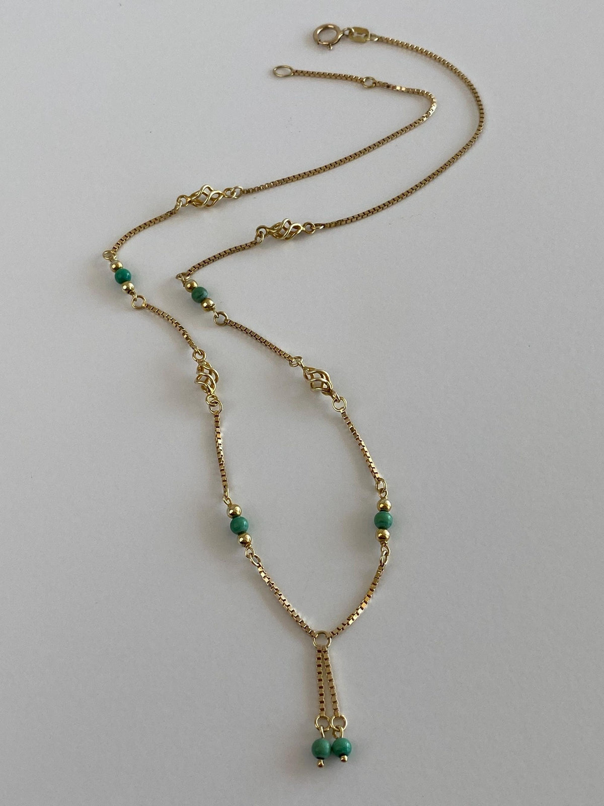 Vintage Solid 14k Yellow Gold Green Bead Ball Spiral Link Box Chain Necklace - 16 inches