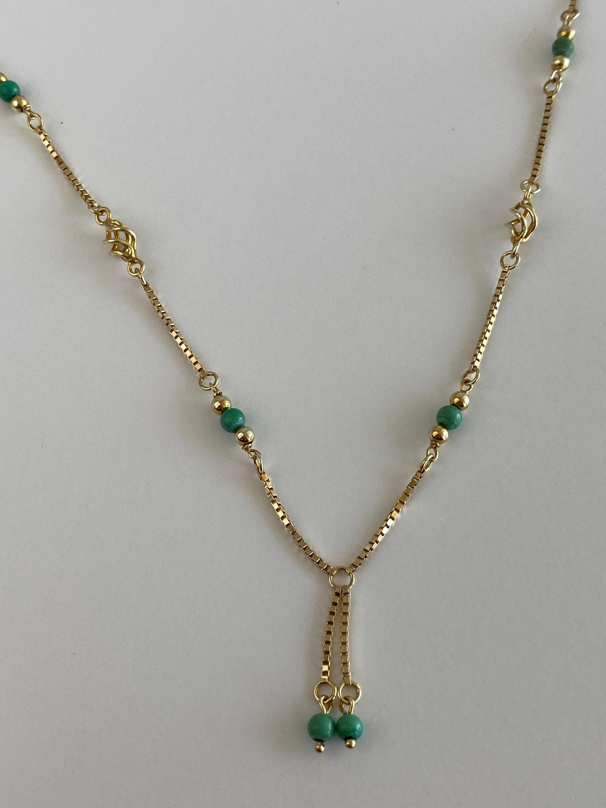 Vintage Solid 14k Yellow Gold Green Bead Ball Spiral Link Box Chain Necklace - 16 inches