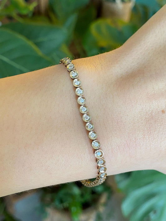 Solid 14k White Gold Bezel Set Cubic Zirconia Link Bracelet - 7 inches