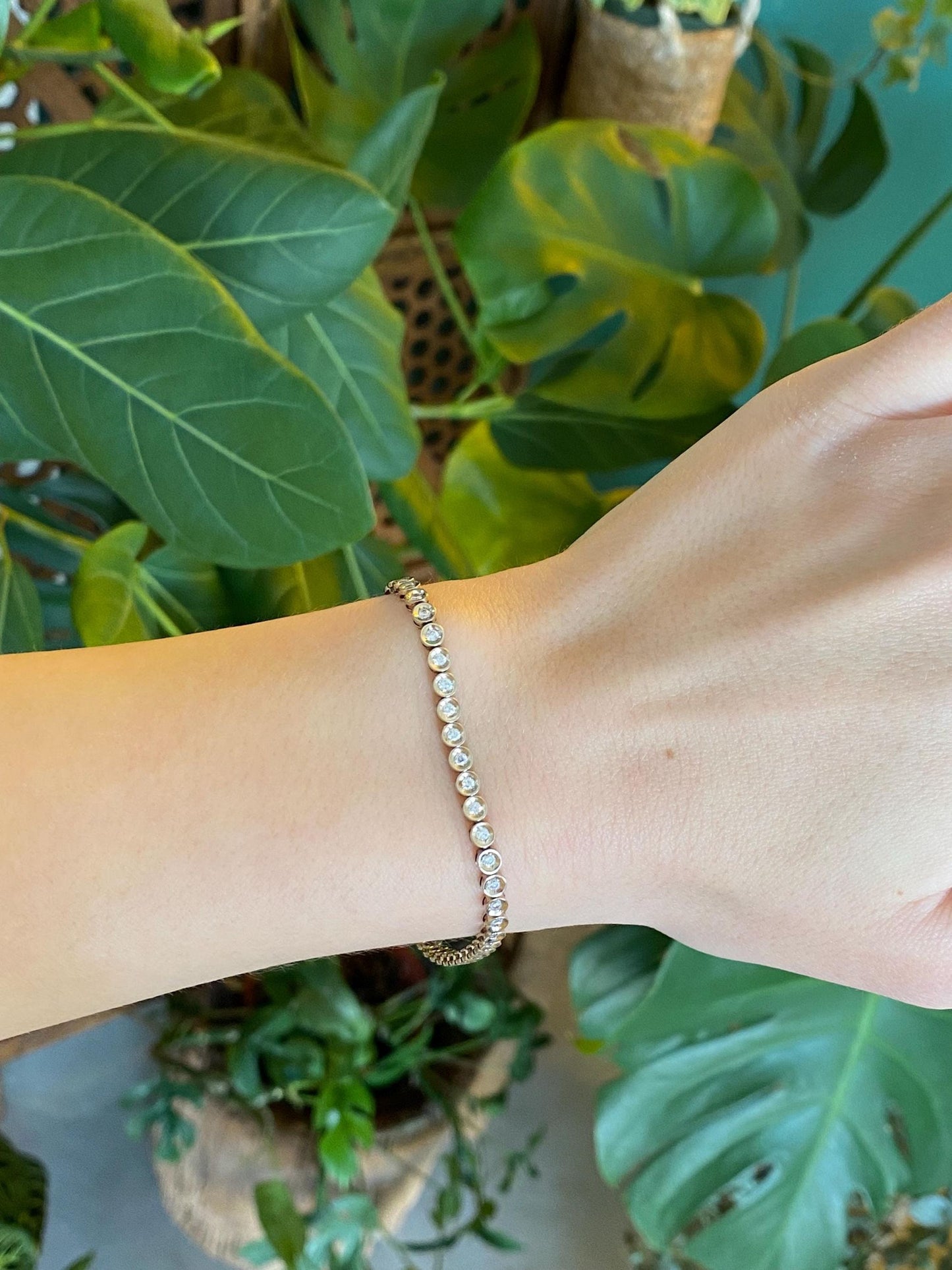 Solid 14k White Gold Bezel Set Cubic Zirconia Link Bracelet - 7 inches